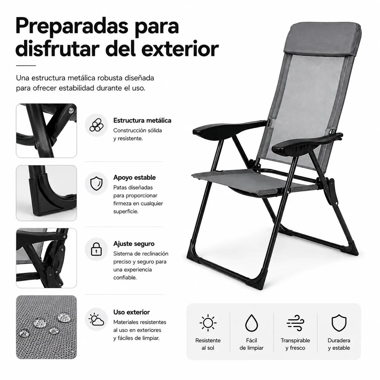Set di 2 sedie pieghevoli reclinabili 7 posizioni schienale alto esterno 5/7