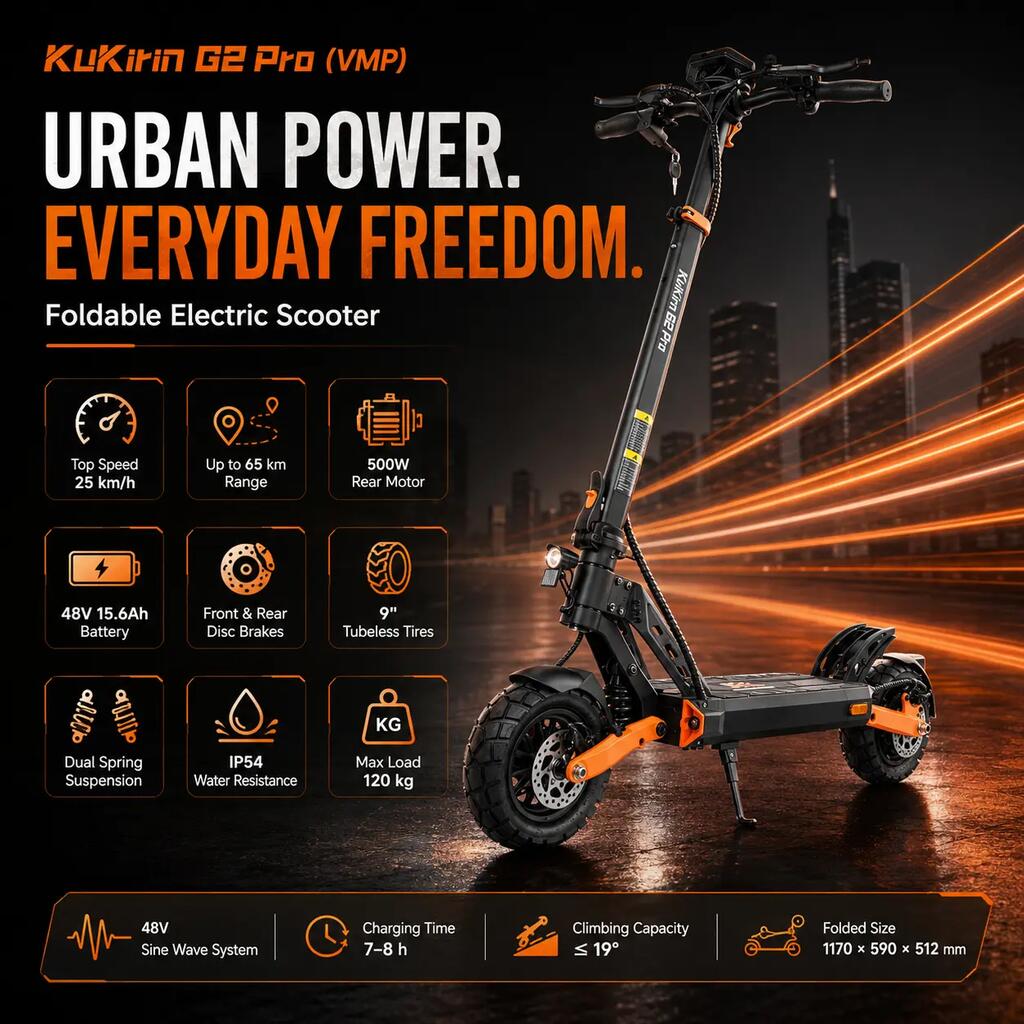 Kukirin G2 Pro elektromos roller – 500 W, maximális sebesség 25 km/h