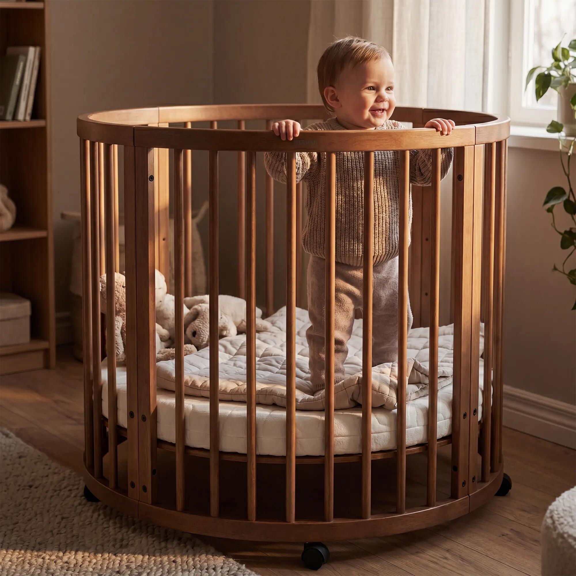 Box Willow - Box Bambini Rotondo con Materasso - Box con Ruote - Marrone 5/8