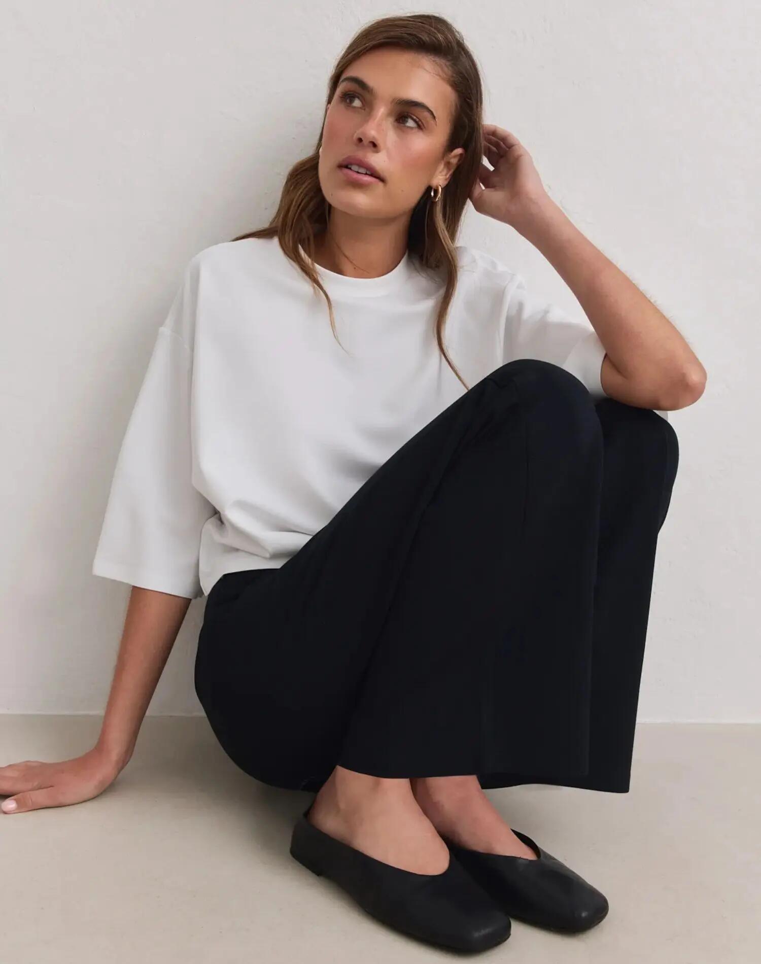 Mujer Pantalón Talle Alto Pernera Ancha para Bajitas Luxe Negro 3/5