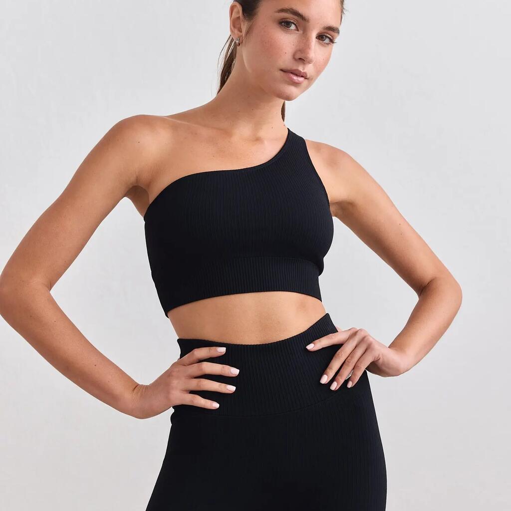 Women's Sports Bra Ribbed Seamless One Shoulder Black