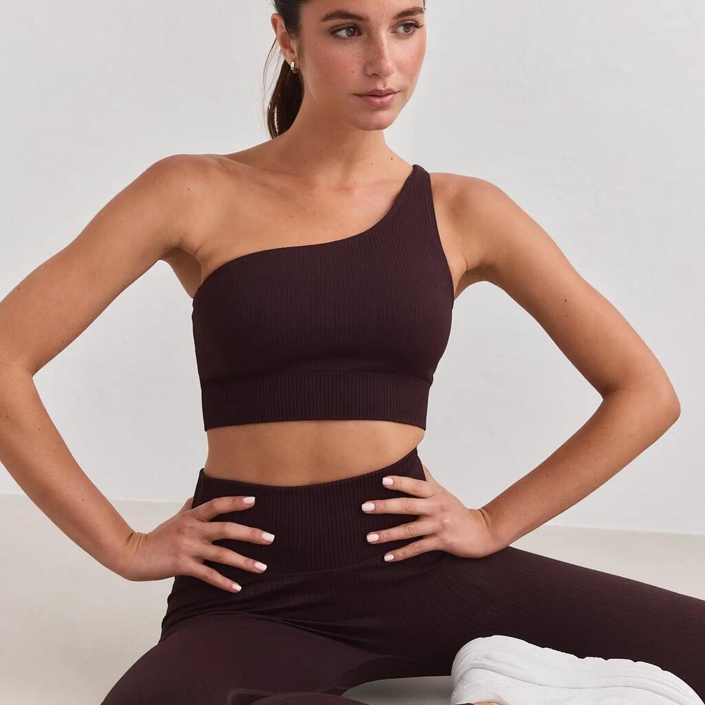Women's Sports Bra Ribbed Seamless One Shoulder Cocoa