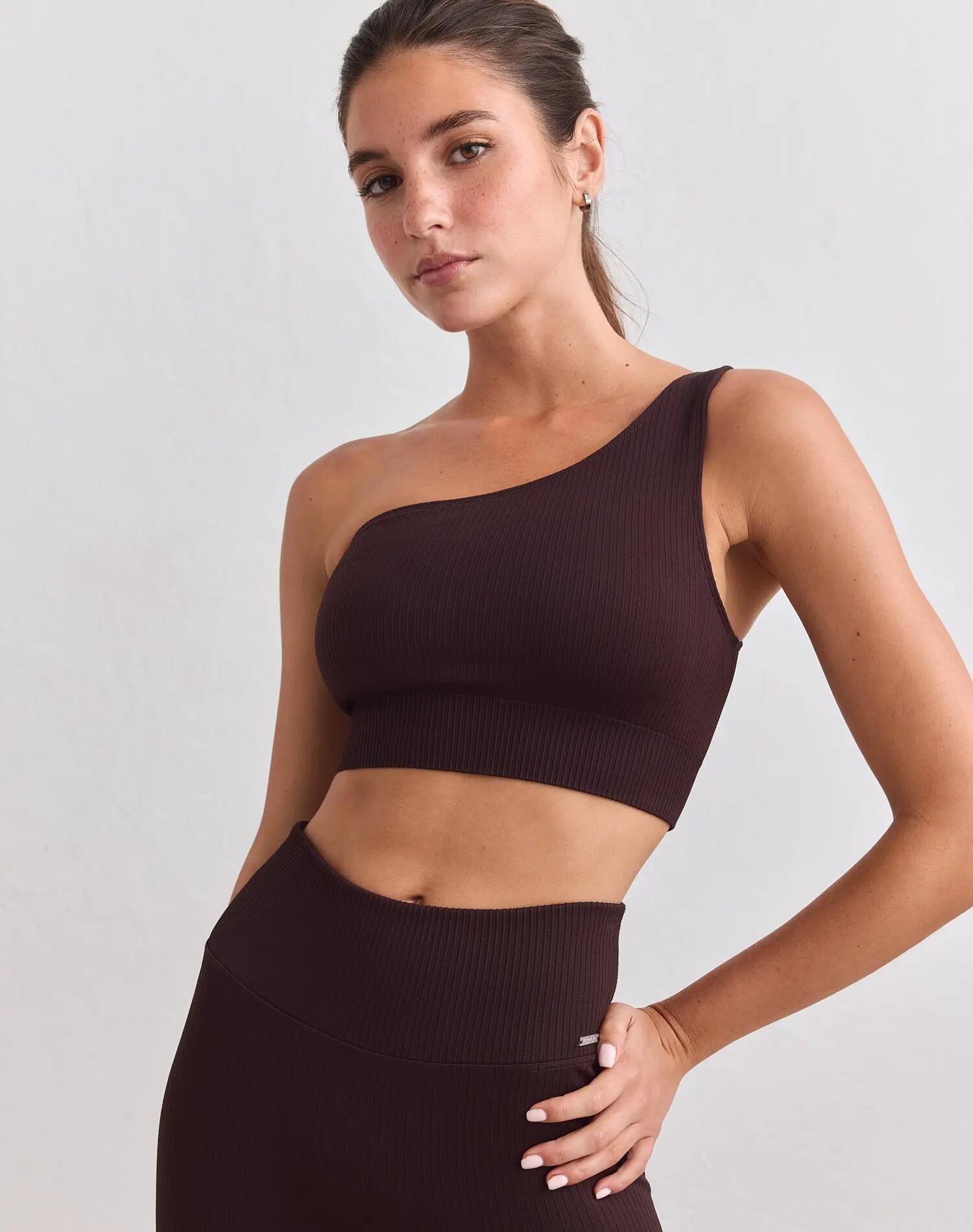 Femme Brassière de sport Côtelée Sans Coutures Asymétrique Cacao 3/4
