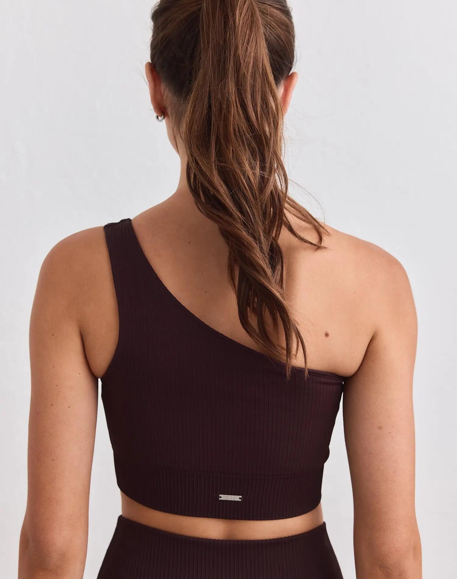 Femme Brassière de sport Côtelée Sans Coutures Asymétrique Cacao 2/4