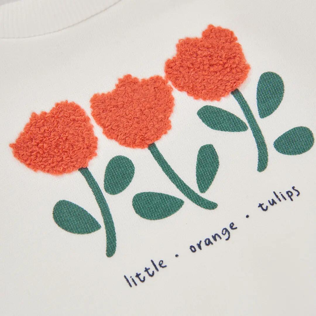 Sudadera felpa niña blanca bordado tulipanes 3/4