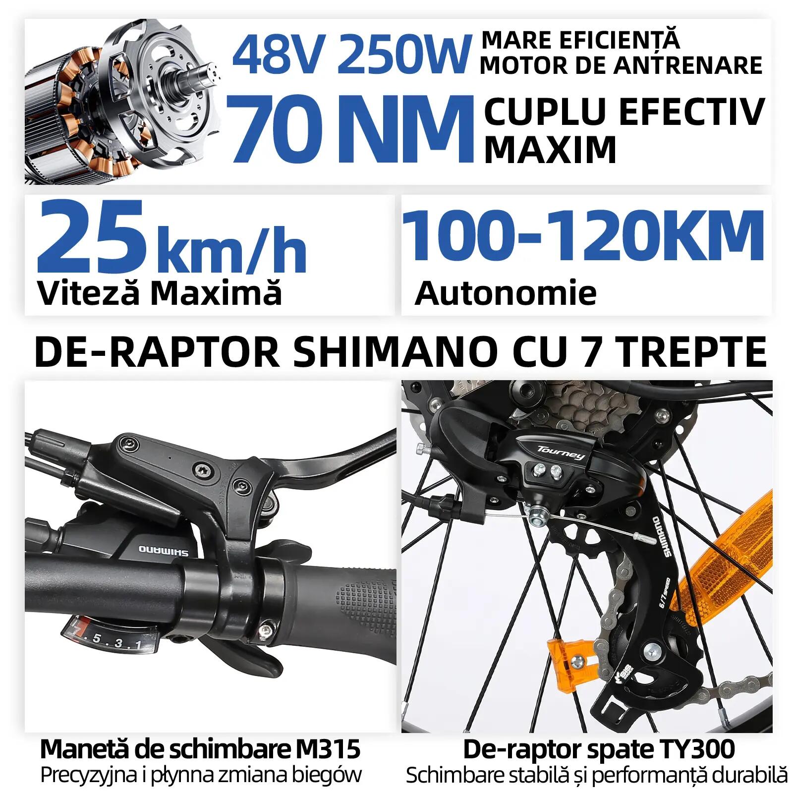 Bicicletă electrică pentru adulți TTGO F7 250W motor 48V 15Ah baterie 13/15