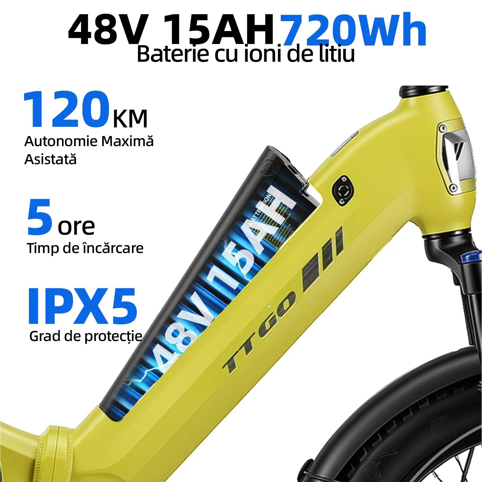 Bicicletă electrică pentru adulți TTGO F7 250W motor 48V 15Ah baterie 12/15