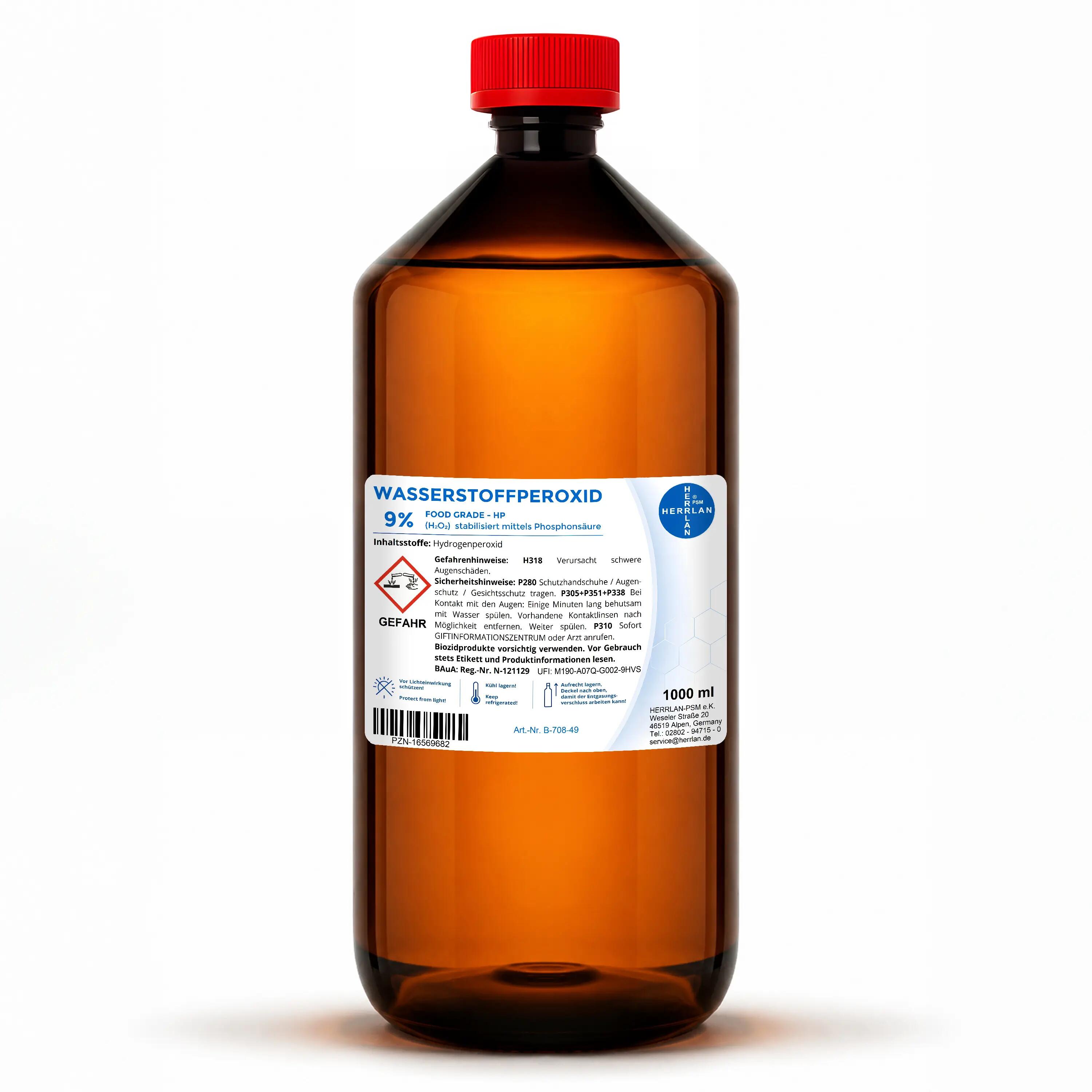 HERRLAN® Wasserstoffperoxid 9% - 1 Liter stabilisiert – FOOD GRADE 1/1