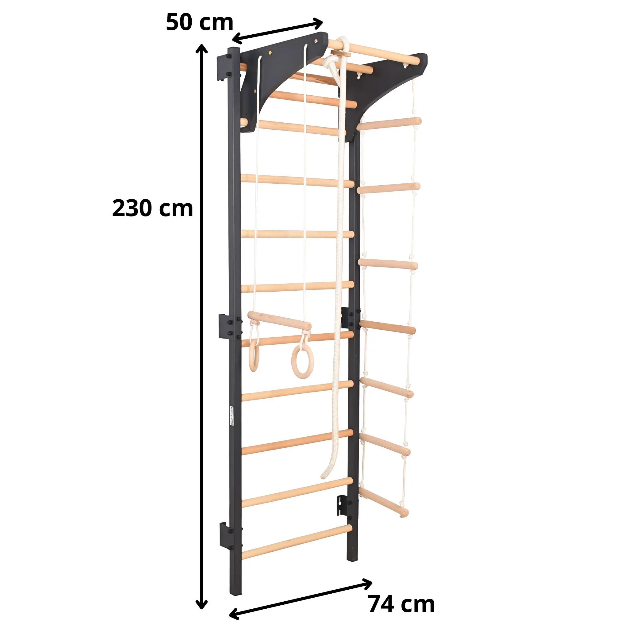 Espalier acier 230 cm graphite, barre amovible, anneaux et corde – Steel Kom 8/8