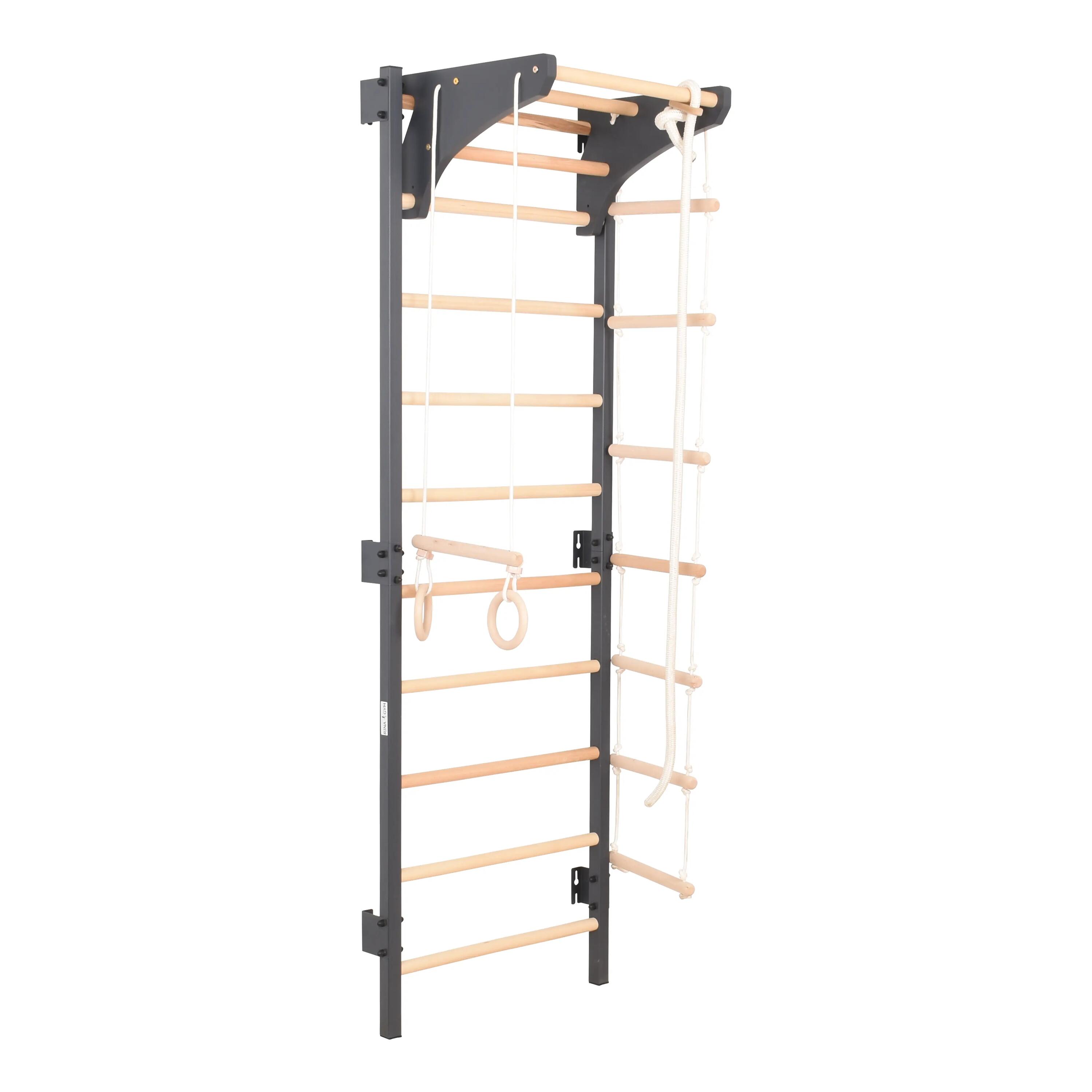 Espalier acier 230 cm graphite, barre amovible, anneaux et corde – Steel Kom 5/8