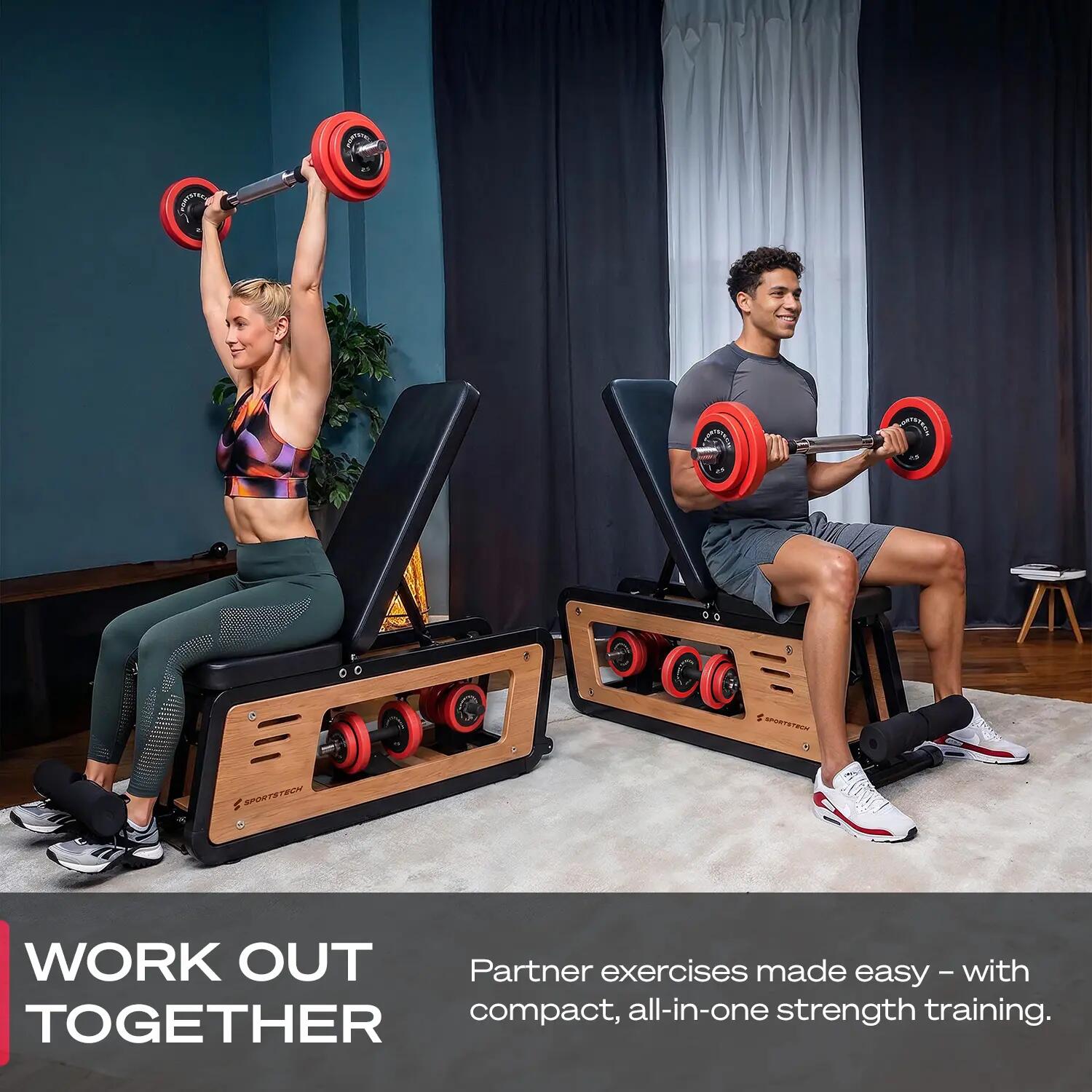 Sportstech Woodmate Lite Hantelbank + 30 kg Hantelset, verstellbar, Eiche 7/8