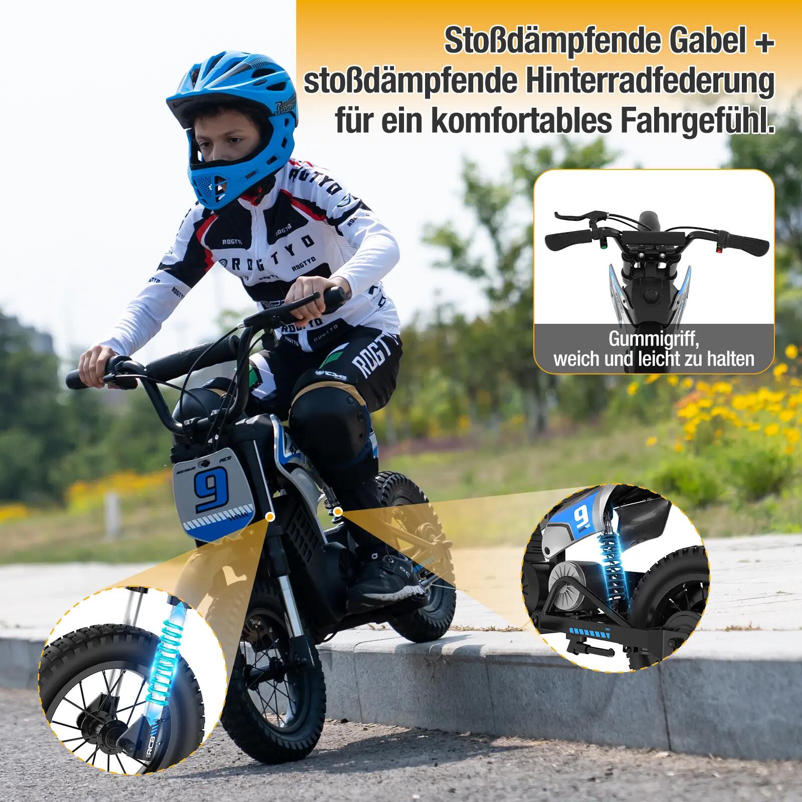 Moto elétrica infantil R9X PRO todo-o-terreno, pneus 12", amortecedor duplo 4/7