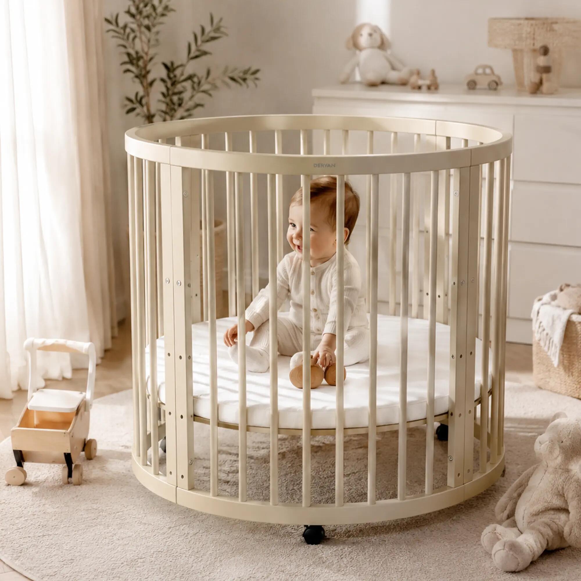 Deryan Willow Box Recinto Rotondo in Legno per Bambini con Materasso - Sabbia 5/8