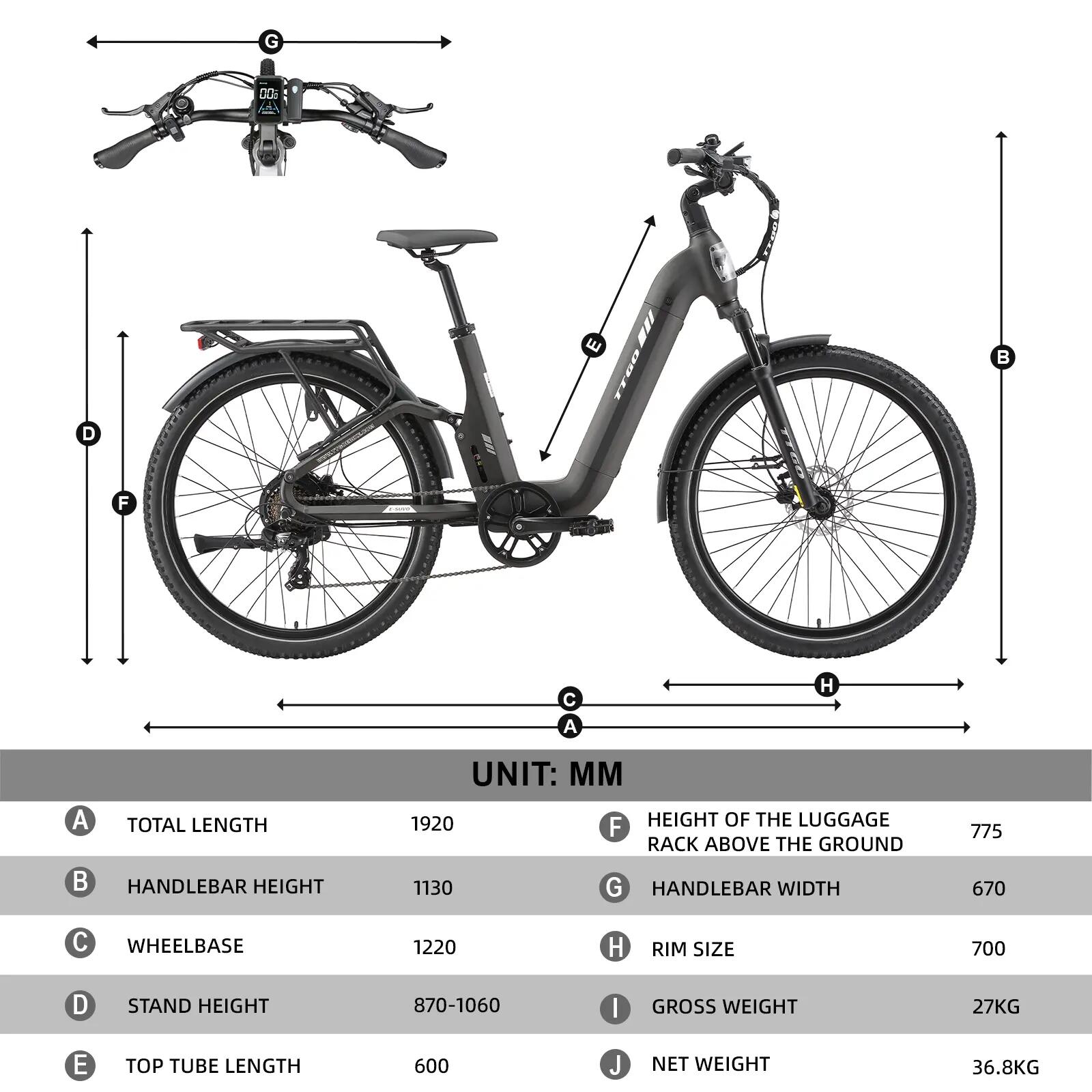 Elektrofahrrad für Erwachsene TTGO E-SUVO, 250W-Motor, 48V 15Ah-Akku 11/15