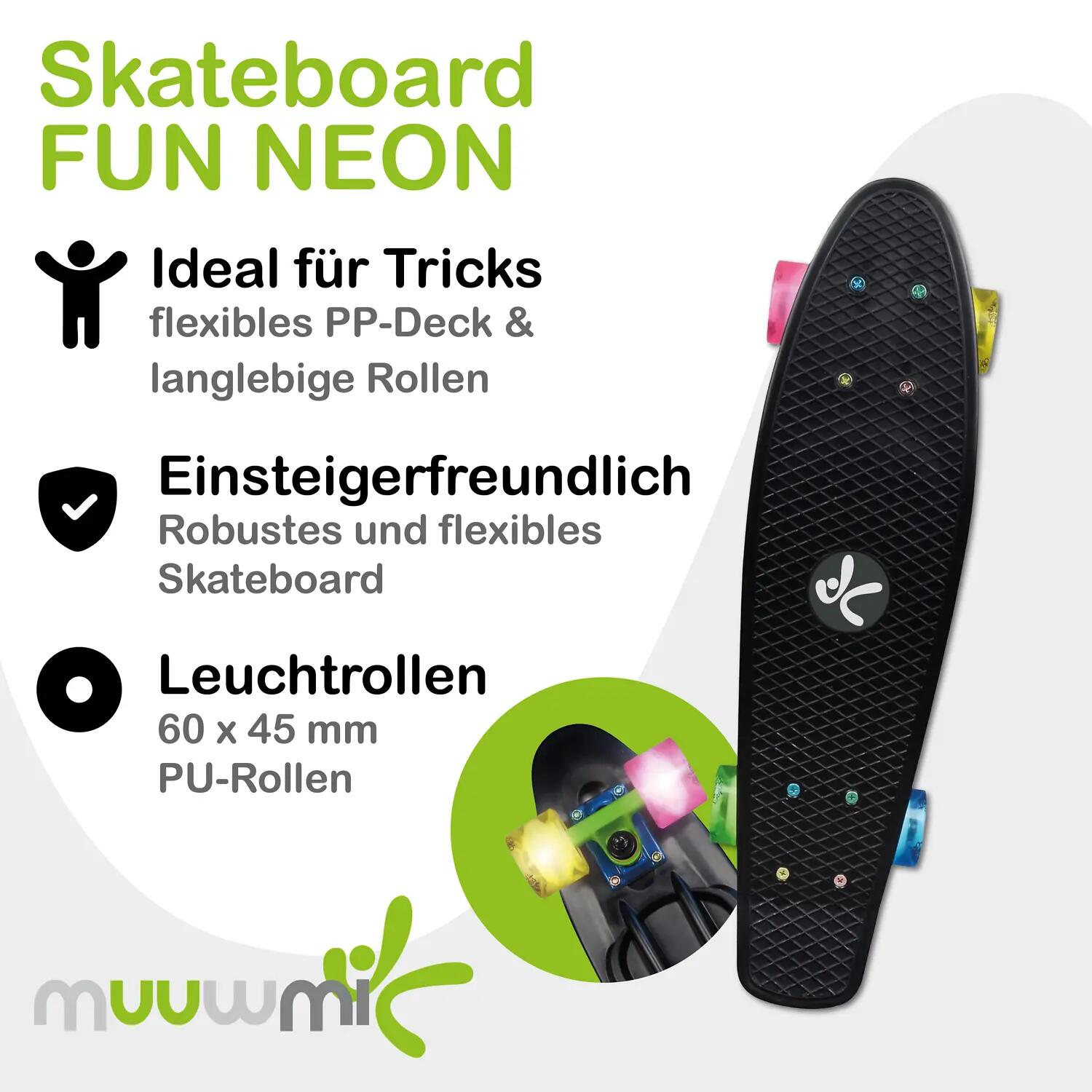 muuwmi Skateboard ABEC 5 Fun Neon, mit Leuchtrollen 2/14