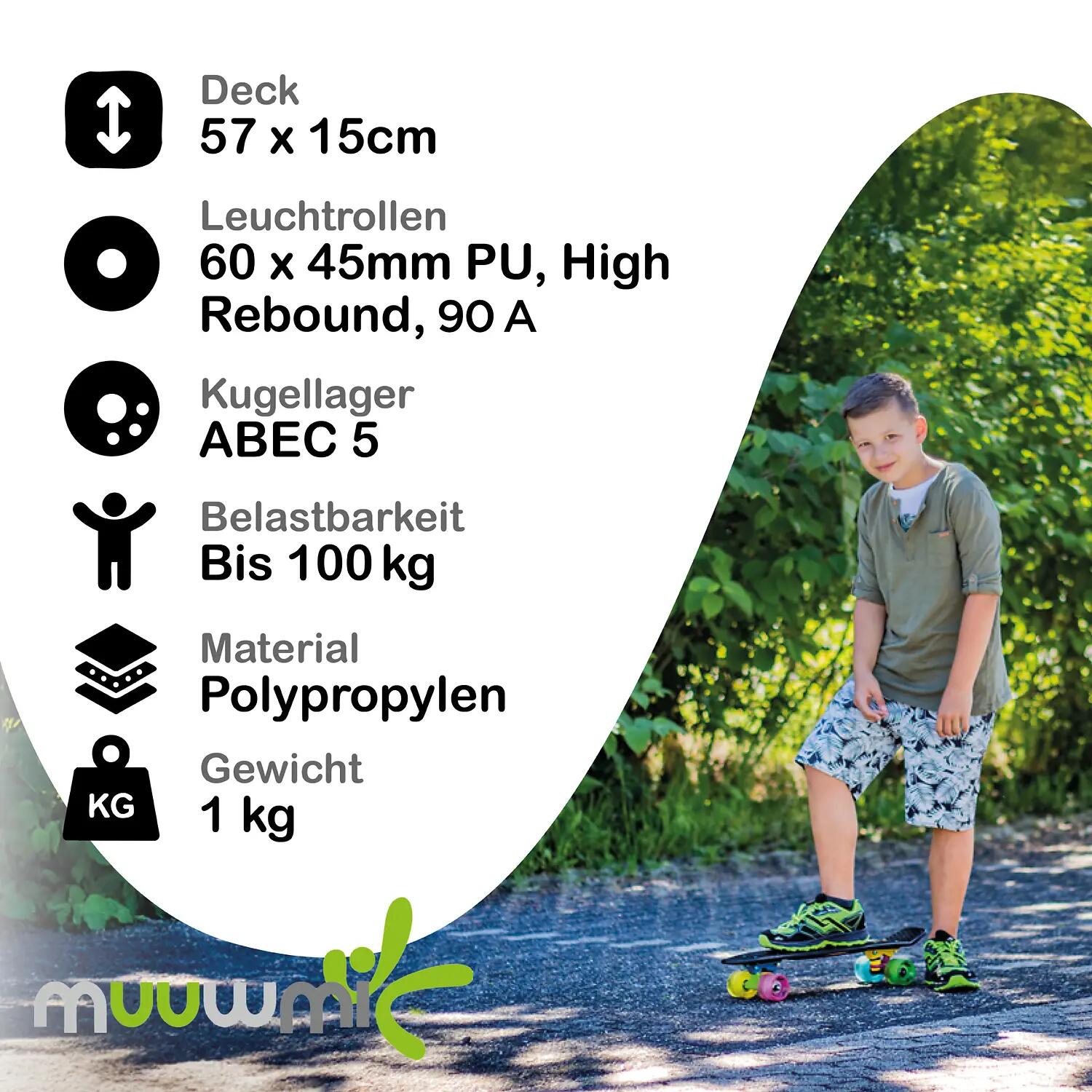 muuwmi Skateboard ABEC 5 Fun grün, mit Leuchtrollen 5/8