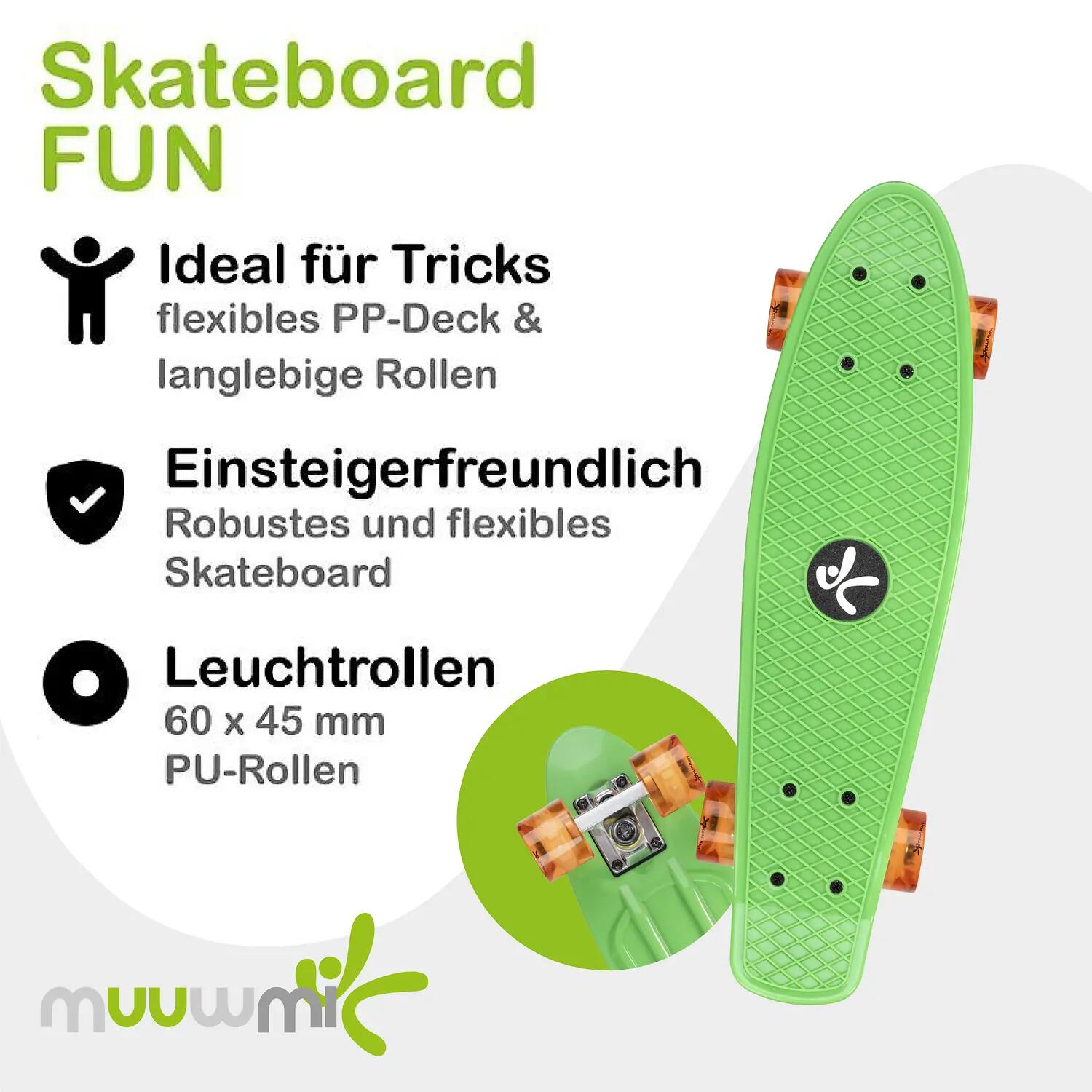 muuwmi Skateboard ABEC 5 Fun grün, mit Leuchtrollen 2/8