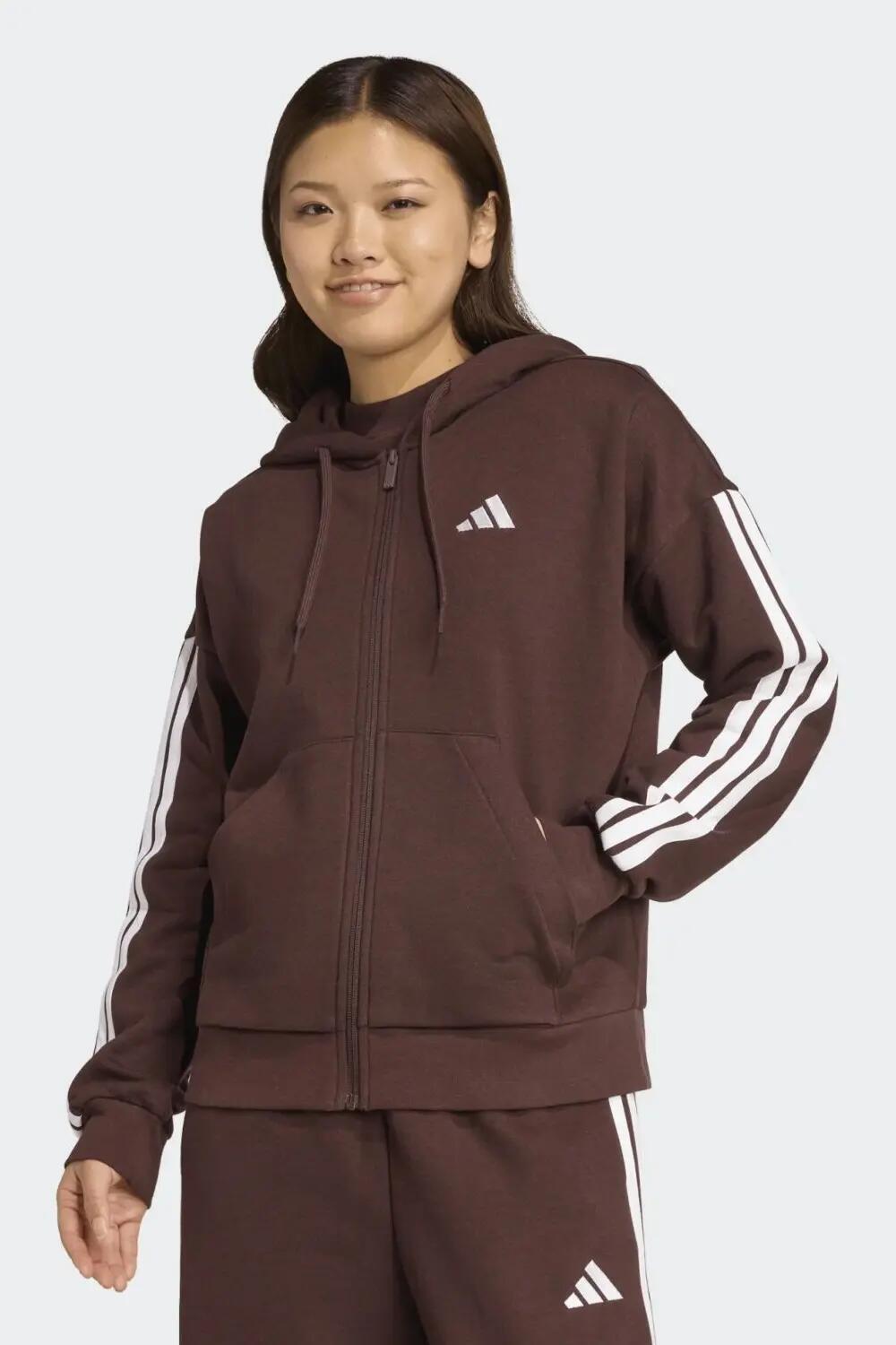 Sudadera con capucha de felpa de Adidas con cremallera completa y 3 franjas 2/6