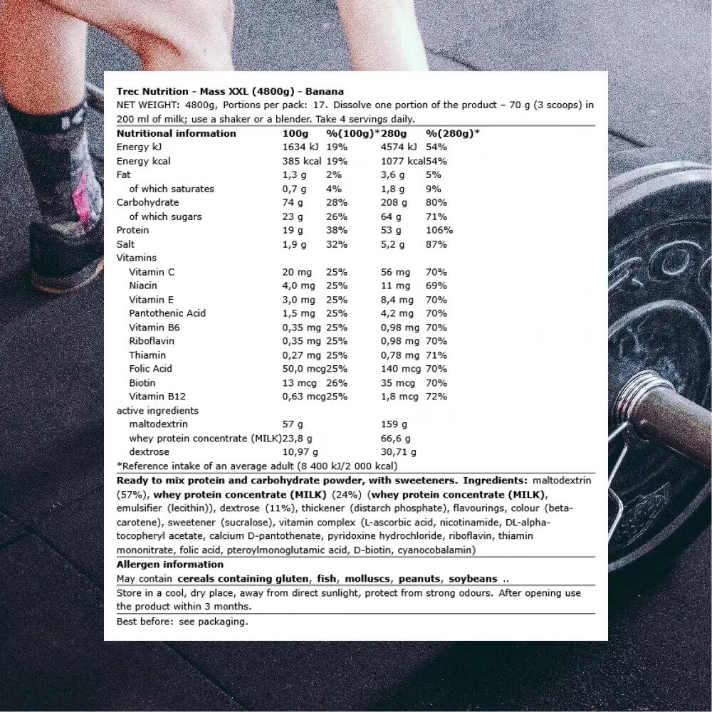 Trec Nutrition Mass XXL (4800g) Banana - Gewichtstoename - Zonder Creatine 3/3