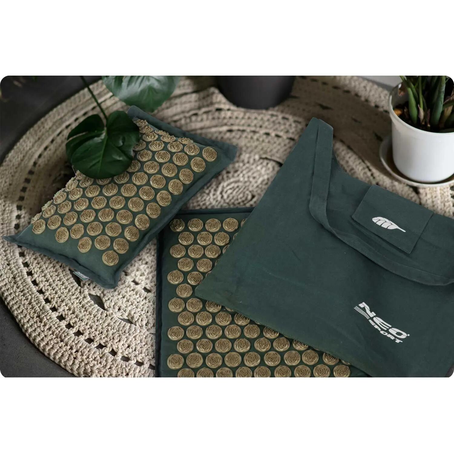 Tappetino per agopressione con cuscino NS-902 verde scuro e oro 2/8
