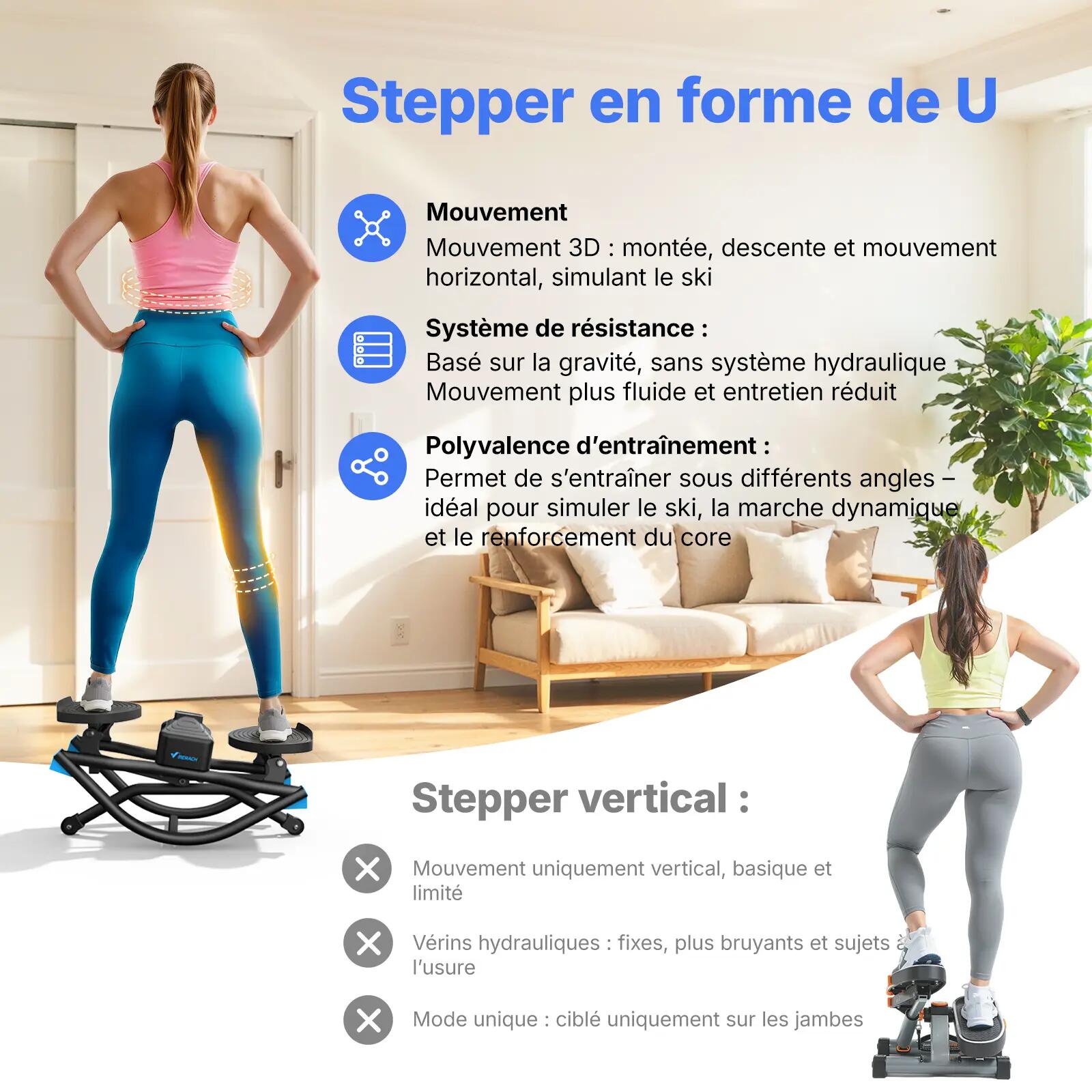 Stepper - fitness - heimtrainer - leiser u-shape, lcd - hellgrau 4/8