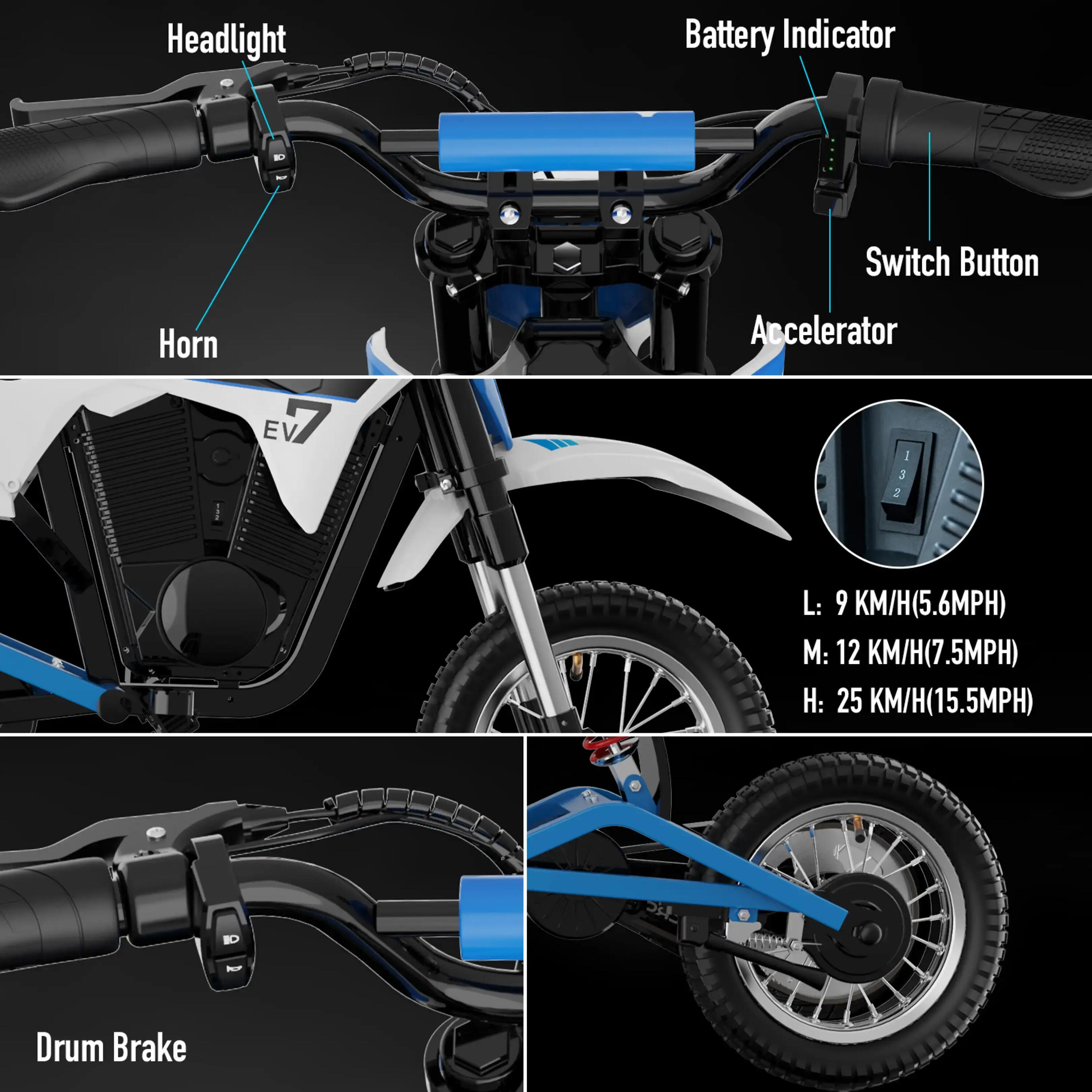 Elektromotorrad Kinder EV12M PRO-12 Zoll-Bluetooth-LED-Federung-18km Reichweite 5/12