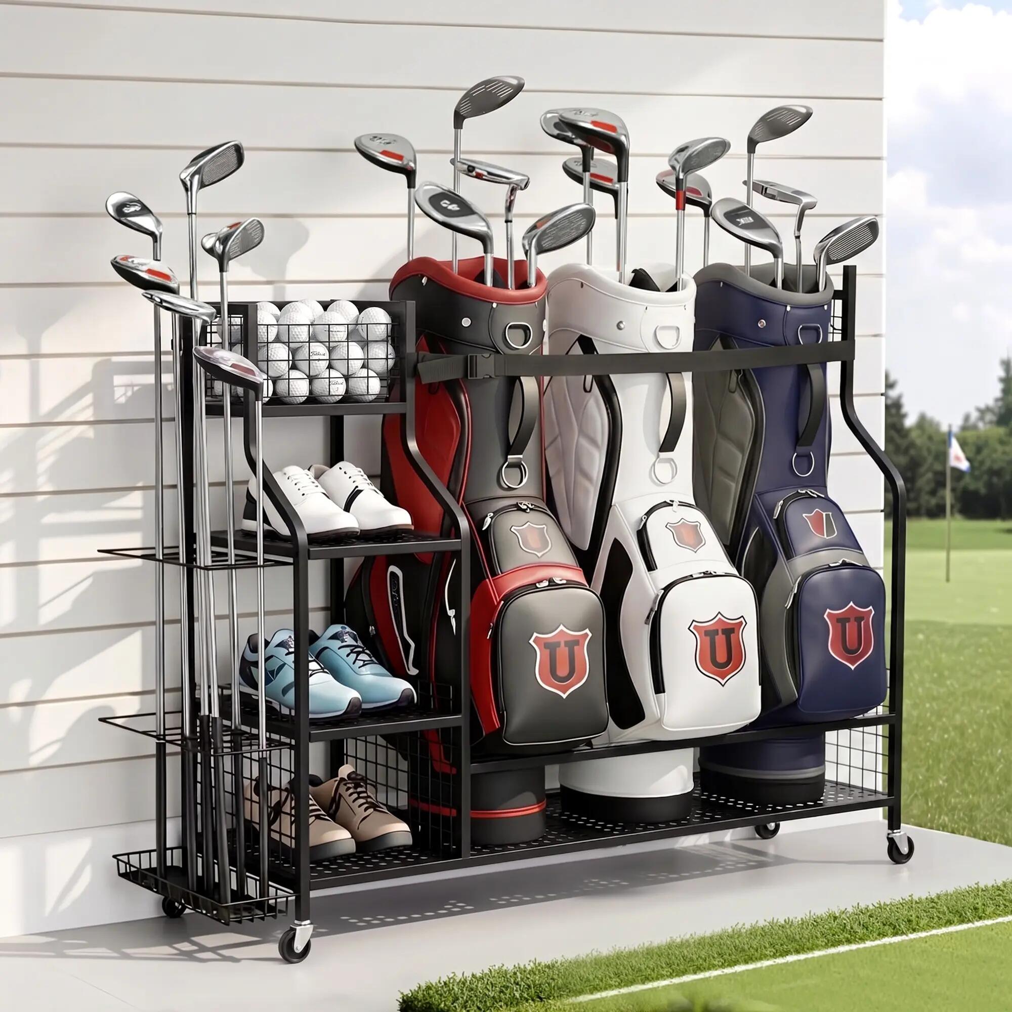 Everfit Golf 3 Bag Storage Golf Storage Garage Organizer with Wheels Black