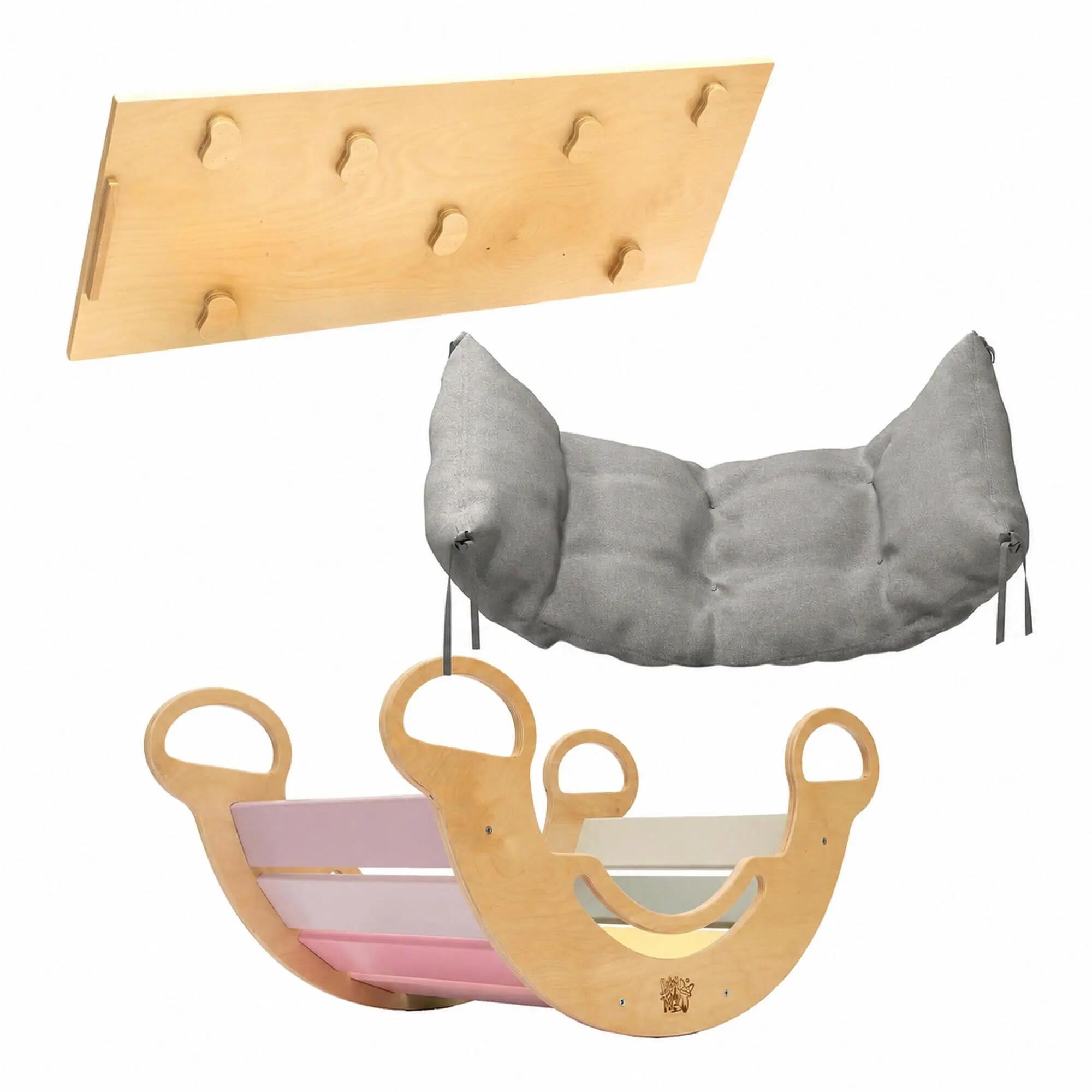 BUSY KIDS Montessori set: pastelová houpačka, oboustranná deska a polštář