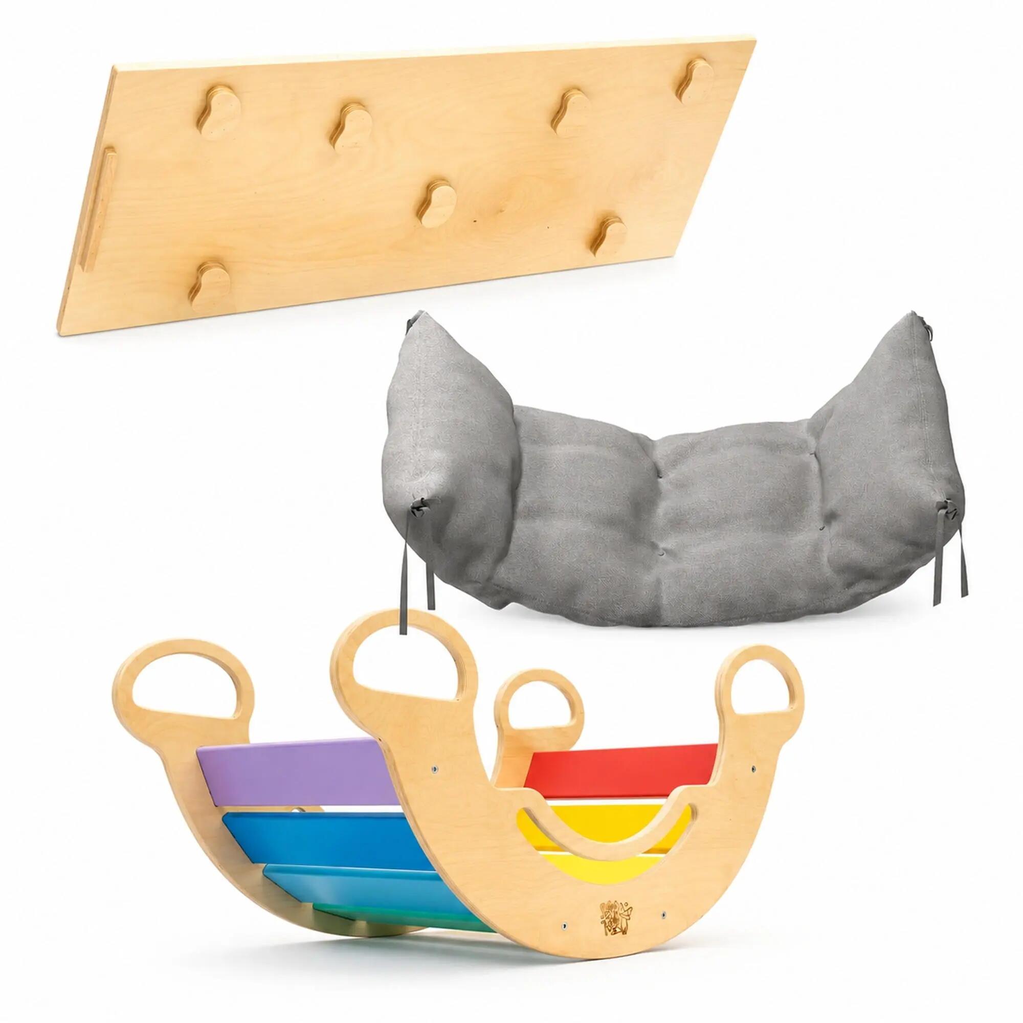 BUSY KIDS Montessori set: pestrá houpačka, oboustranná deska a polštář