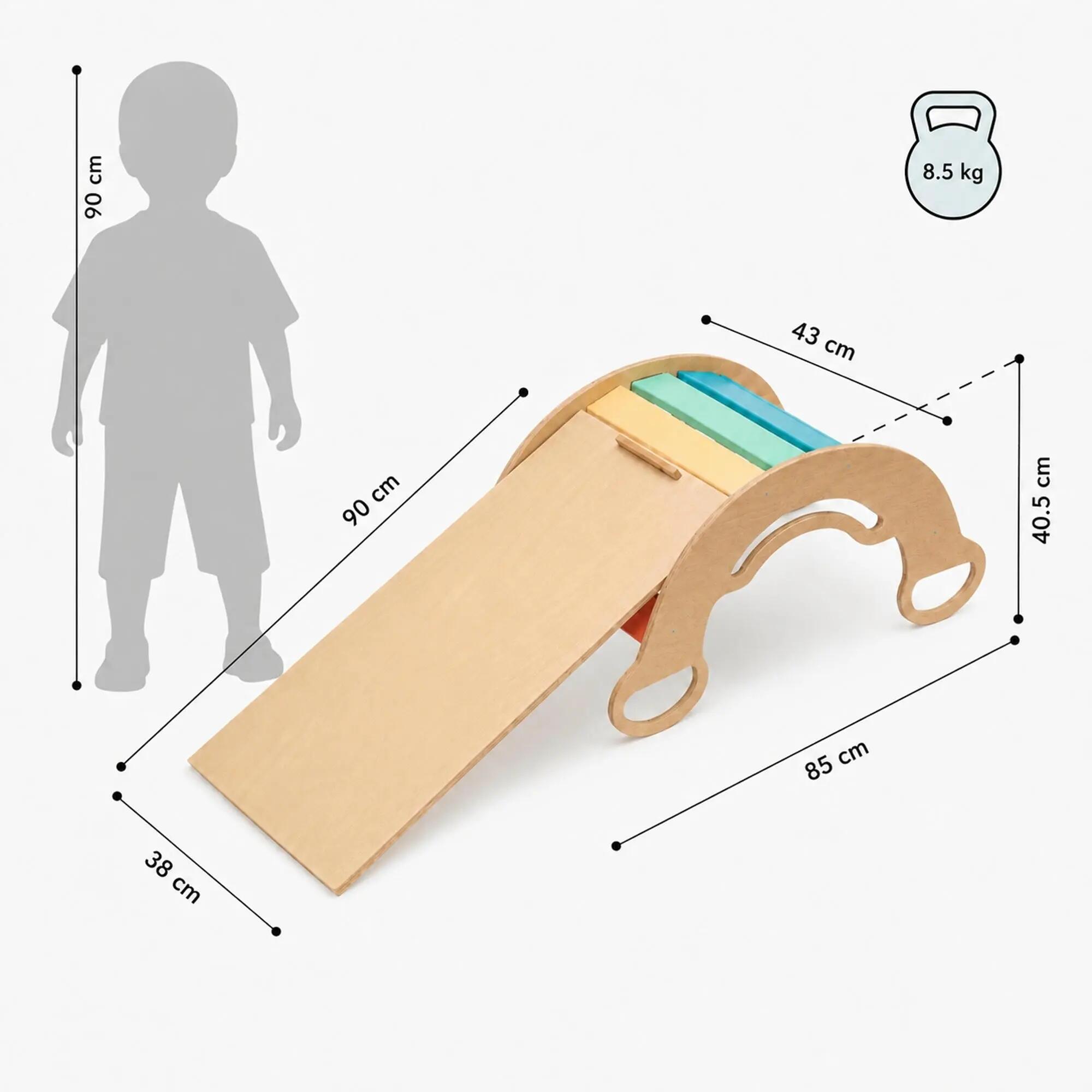 Montessori set s balanční houpačkou v pestrých barvách a oboustrannou deskou 7/8