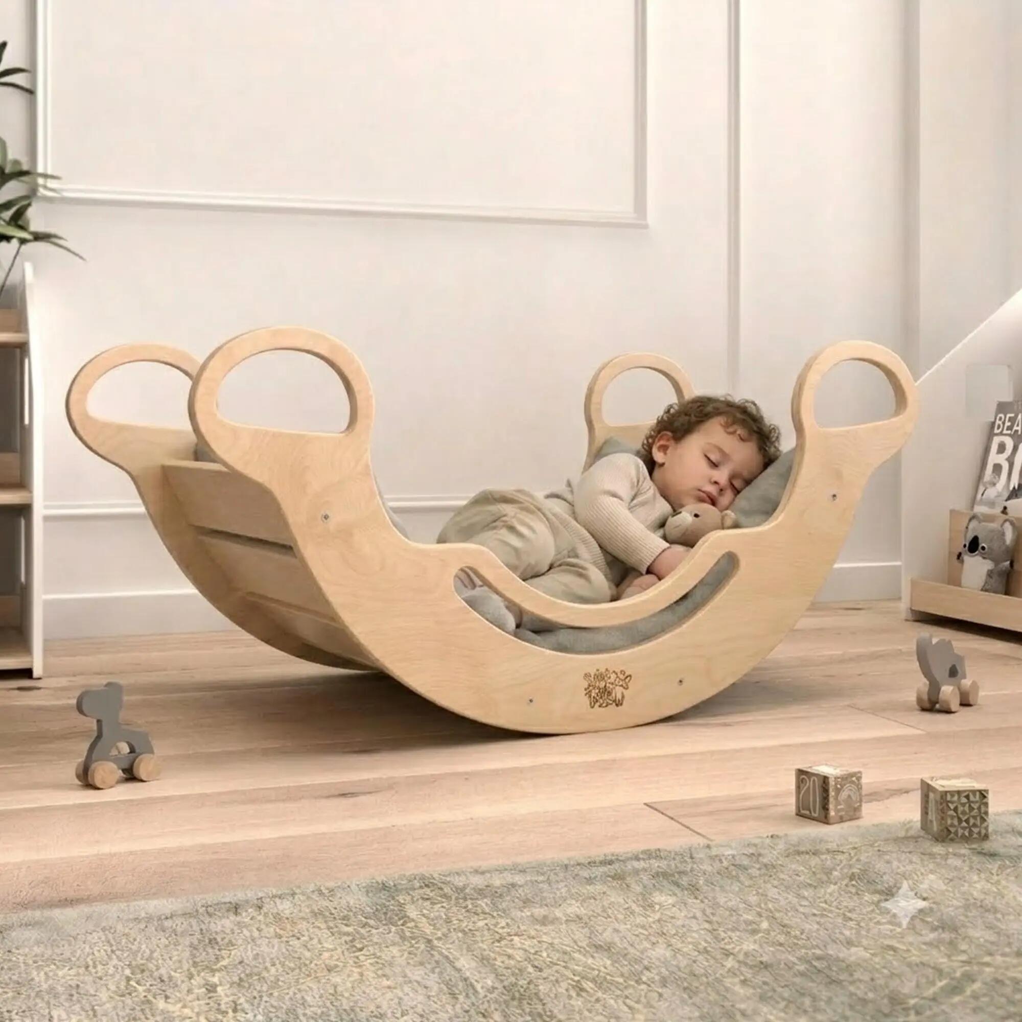 Montessori set s přírodní balanční houpačkou a polstrovaným polštářem 2/10