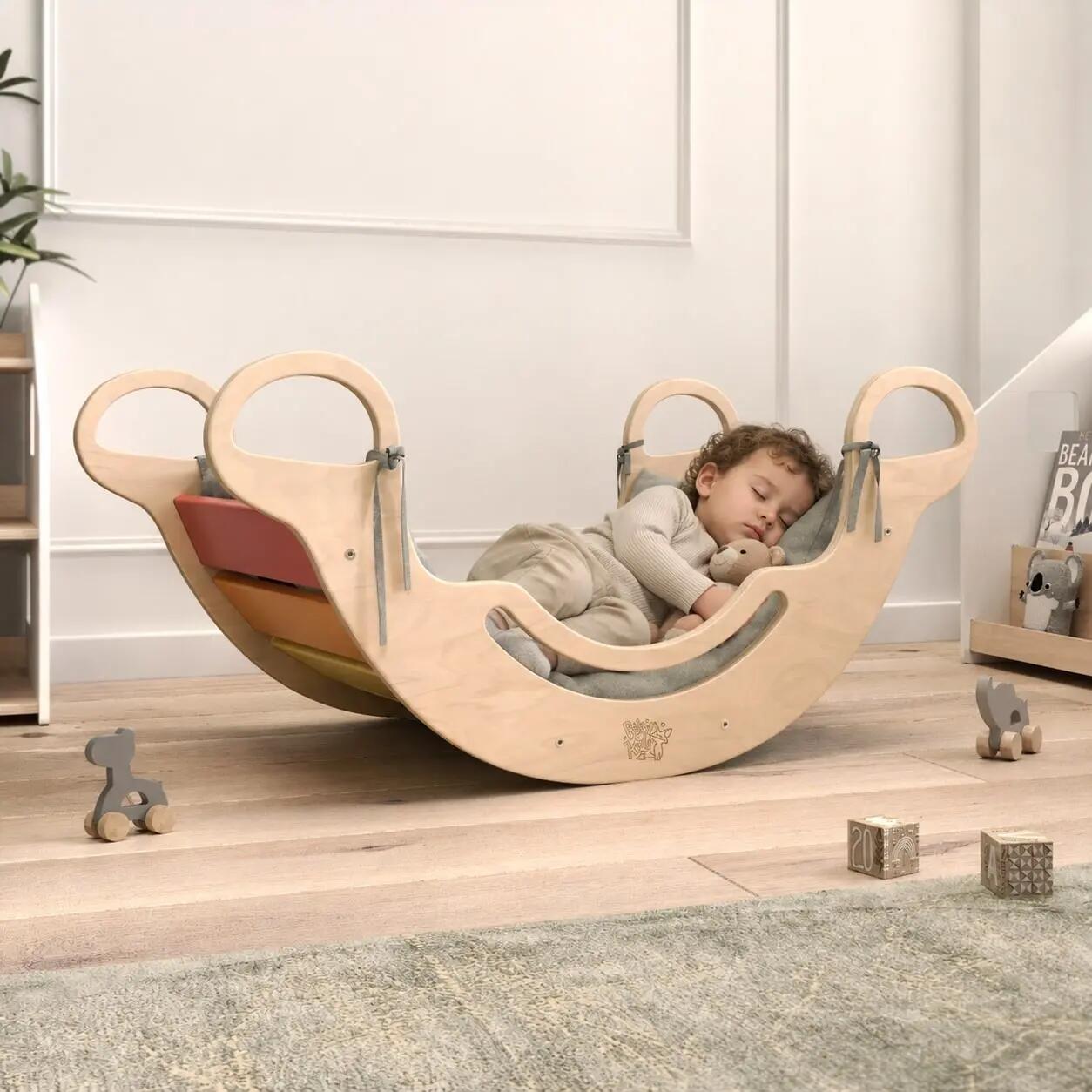 Montessori set s balanční houpačkou v pestrých barvách a polstrovaným polštářem 2/10