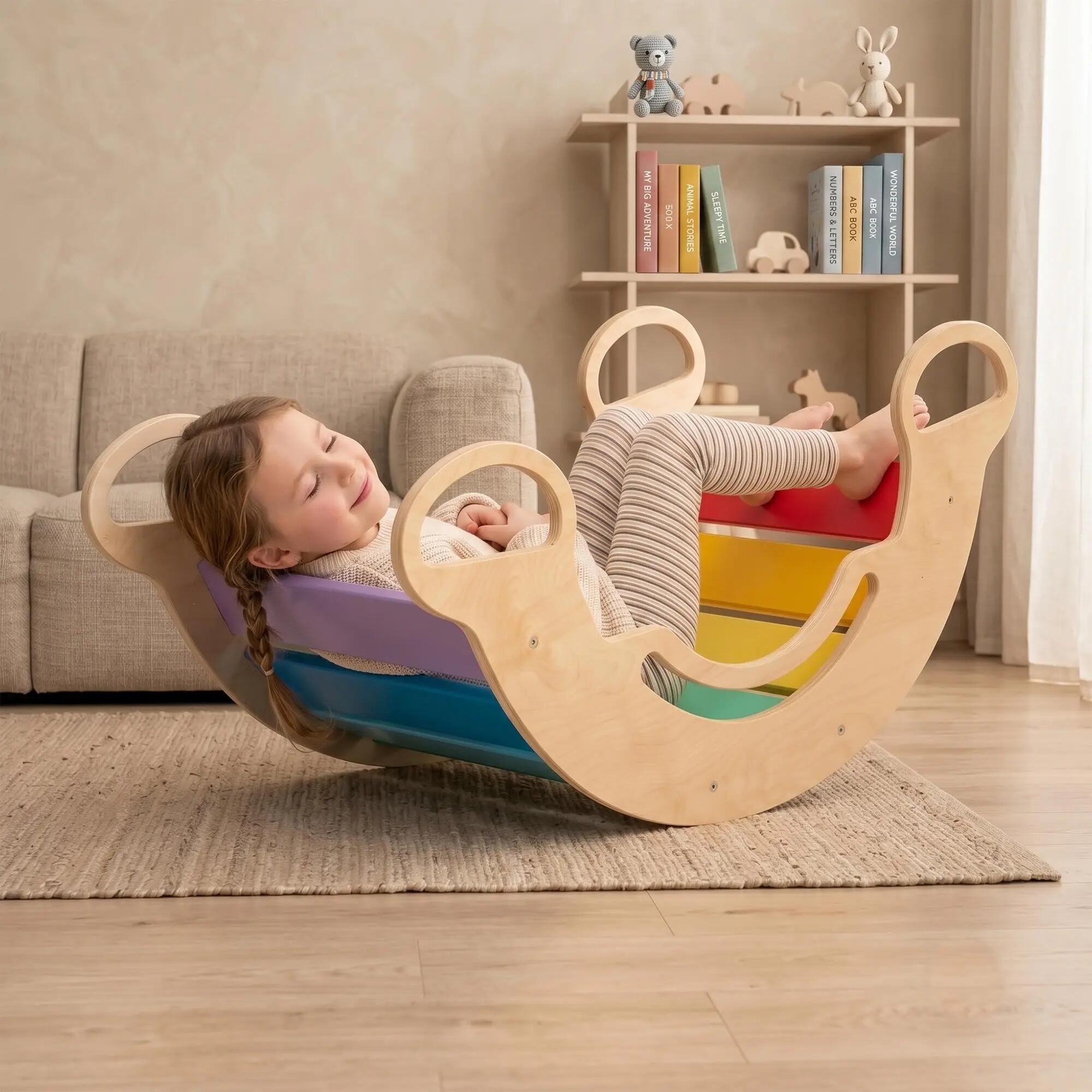 Montessori set s balanční houpačkou v pestrých barvách a oboustrannou deskou 2/8