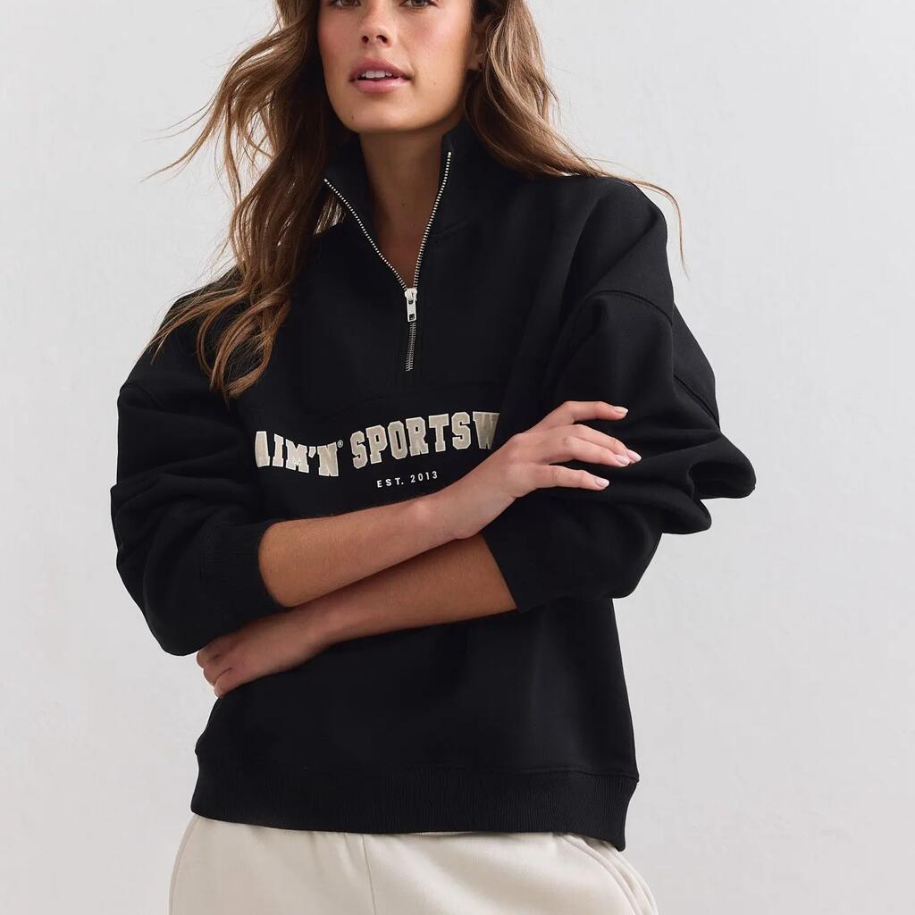Women's Sweatshirt Half-Zip Brushed Jersey Relaxed Varsity Black