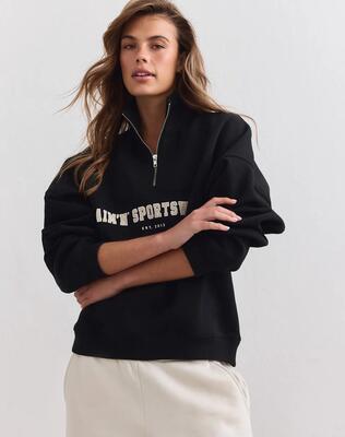Dames sweatshirt halve rits geborstelde jersey losvallend varsity zwart