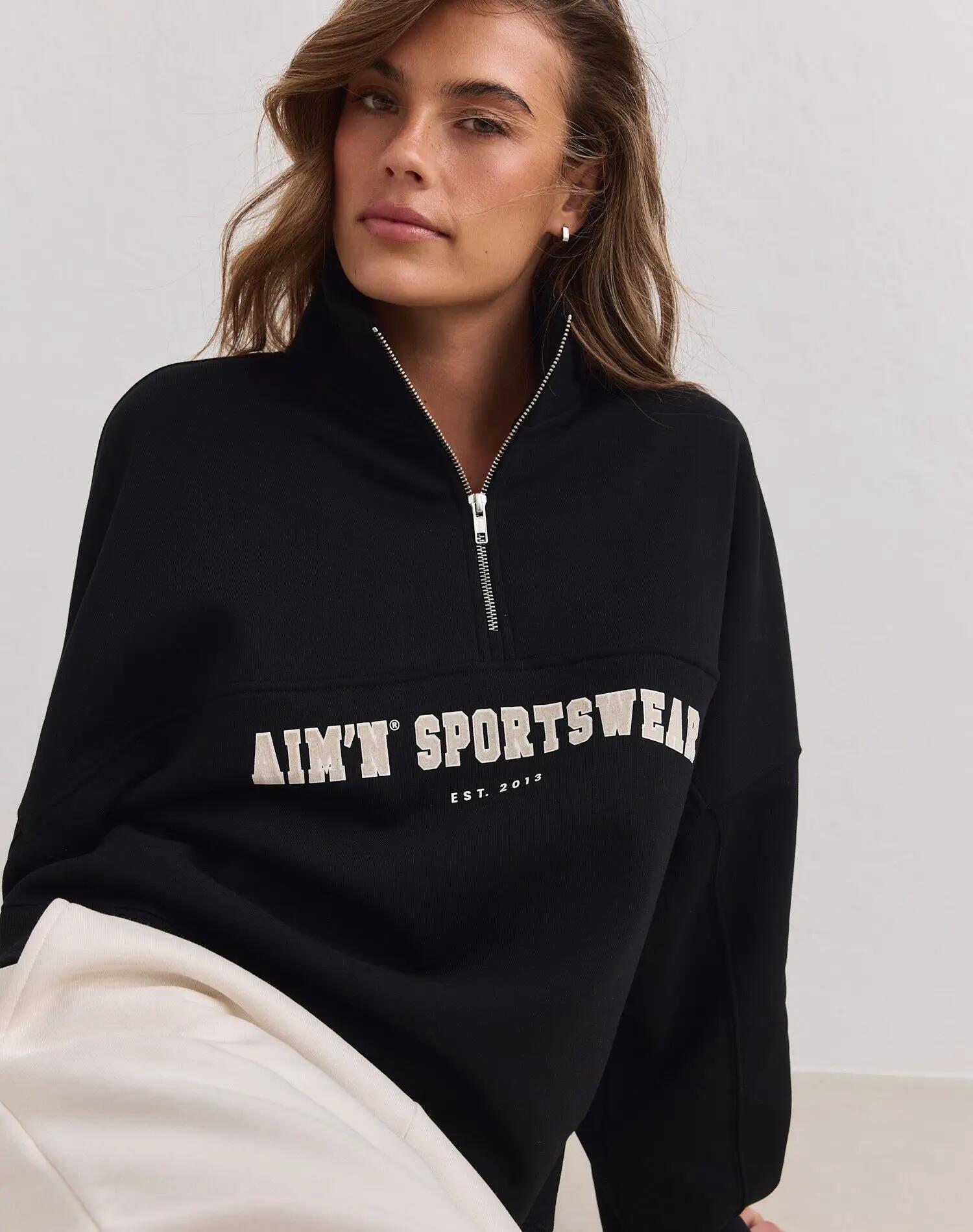 Dames Sweatshirt Halve Rits Geborstelde Jersey Losvallend Varsity Zwart 7/7