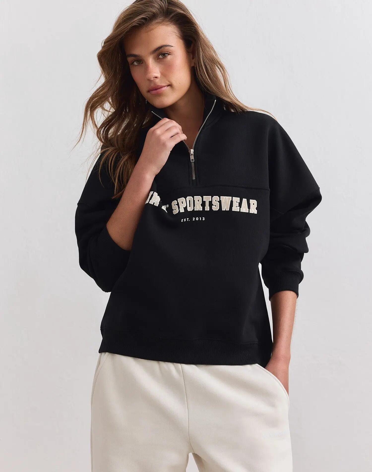 Dames Sweatshirt Halve Rits Geborstelde Jersey Losvallend Varsity Zwart 6/7