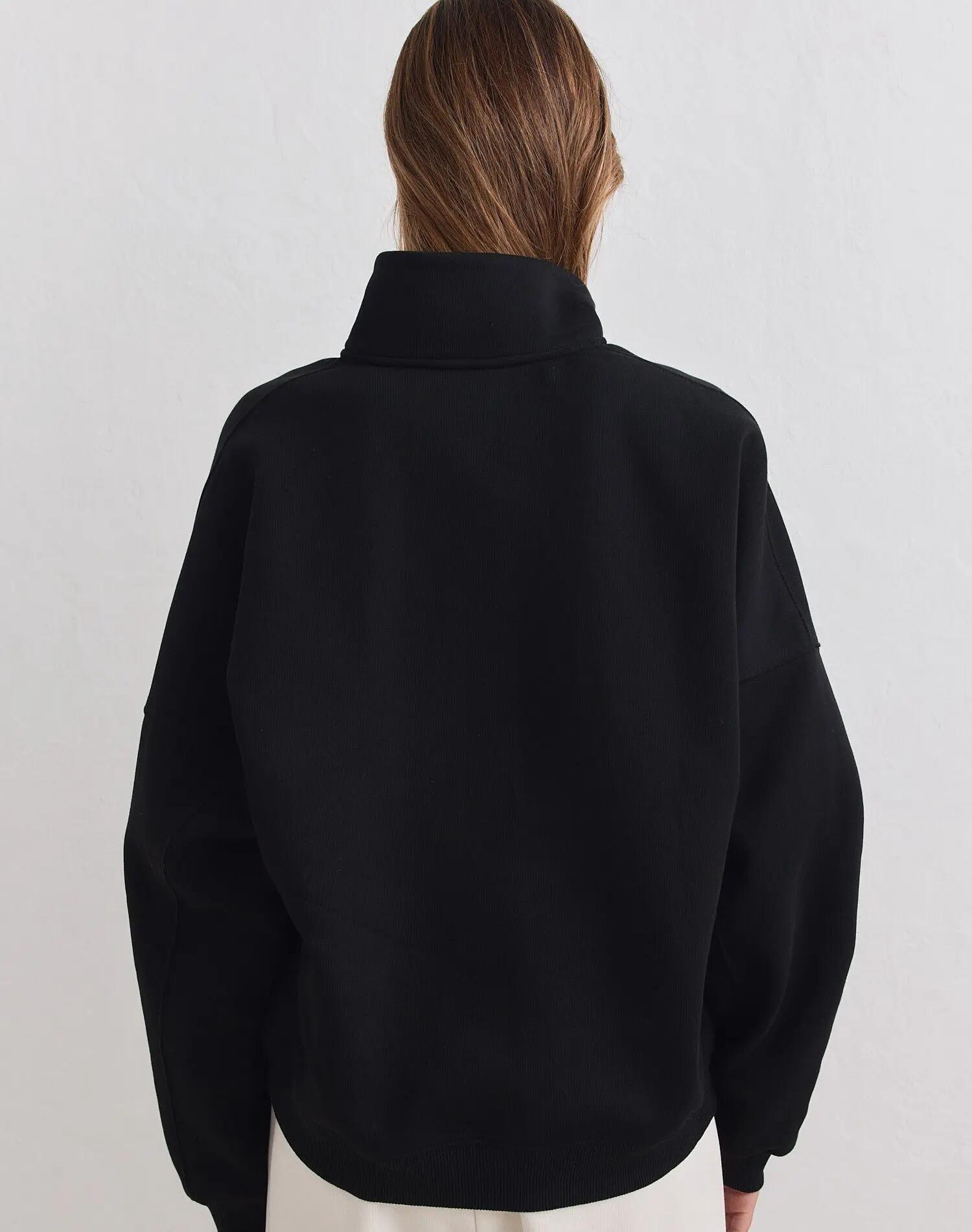 Dames Sweatshirt Halve Rits Geborstelde Jersey Losvallend Varsity Zwart 4/7