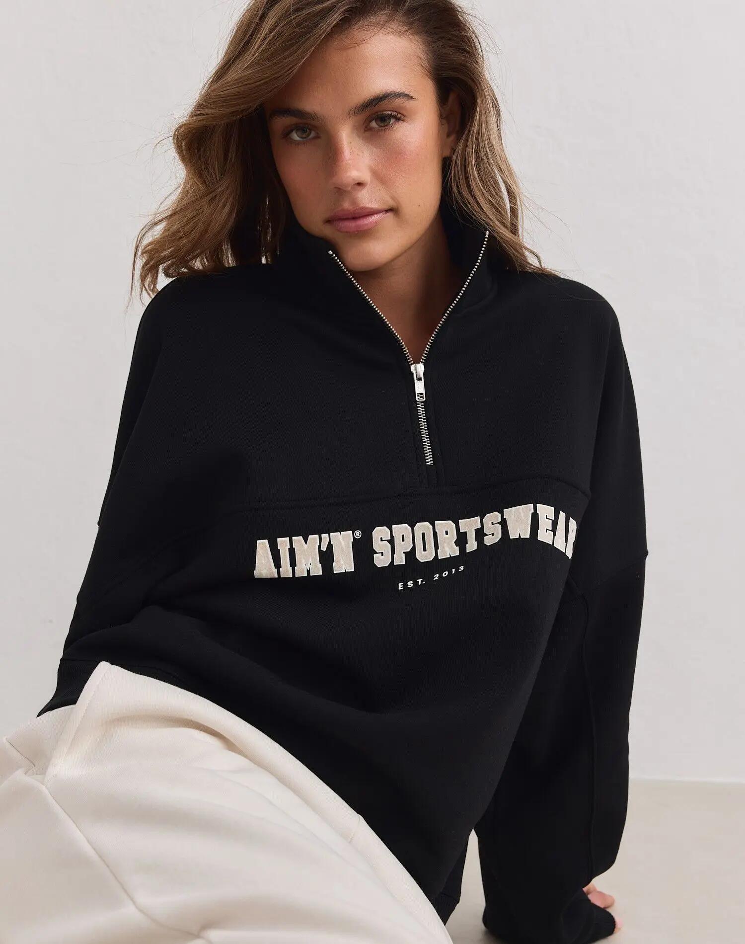 Dames Sweatshirt Halve Rits Geborstelde Jersey Losvallend Varsity Zwart 3/7