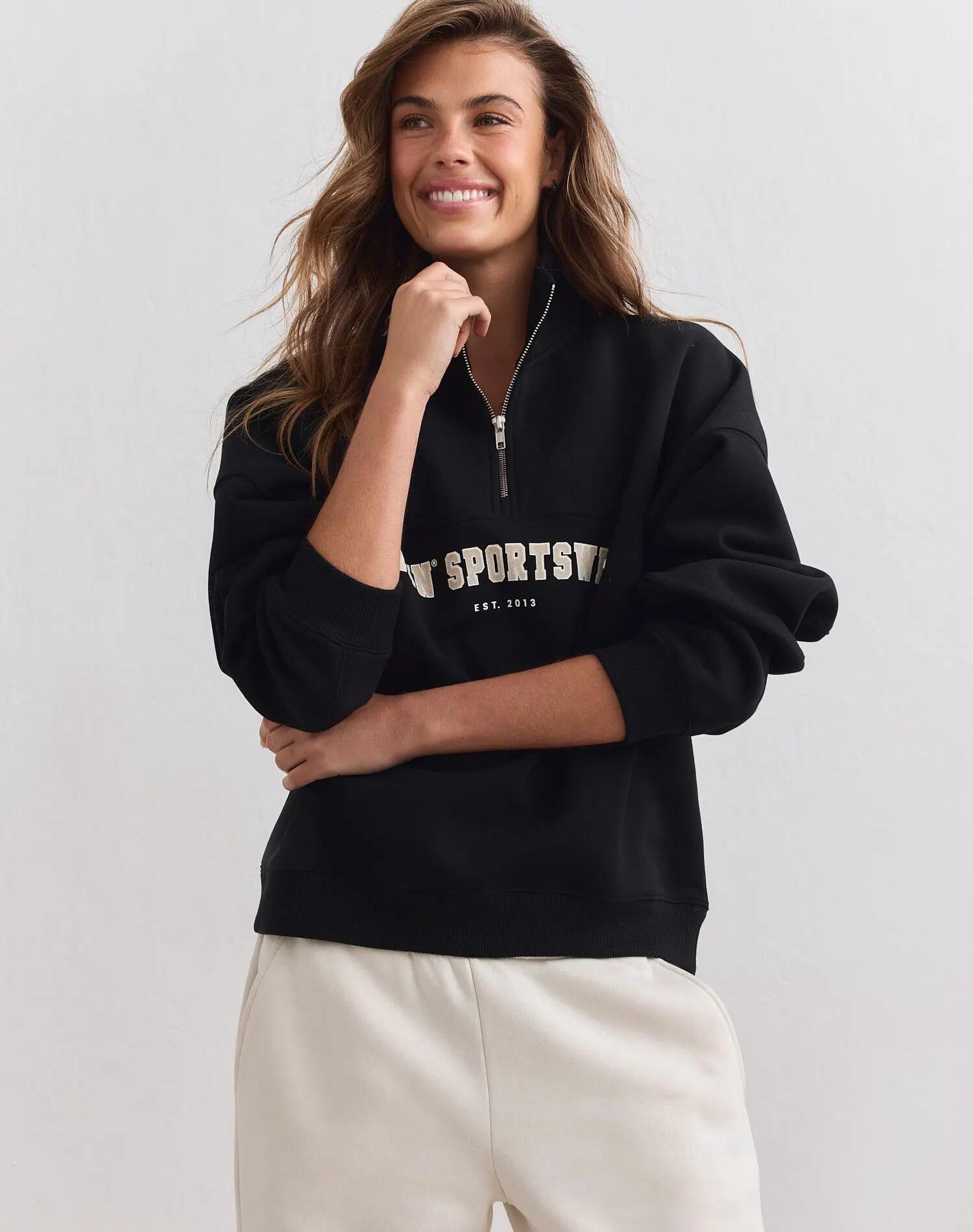 Dames Sweatshirt Halve Rits Geborstelde Jersey Losvallend Varsity Zwart 2/7