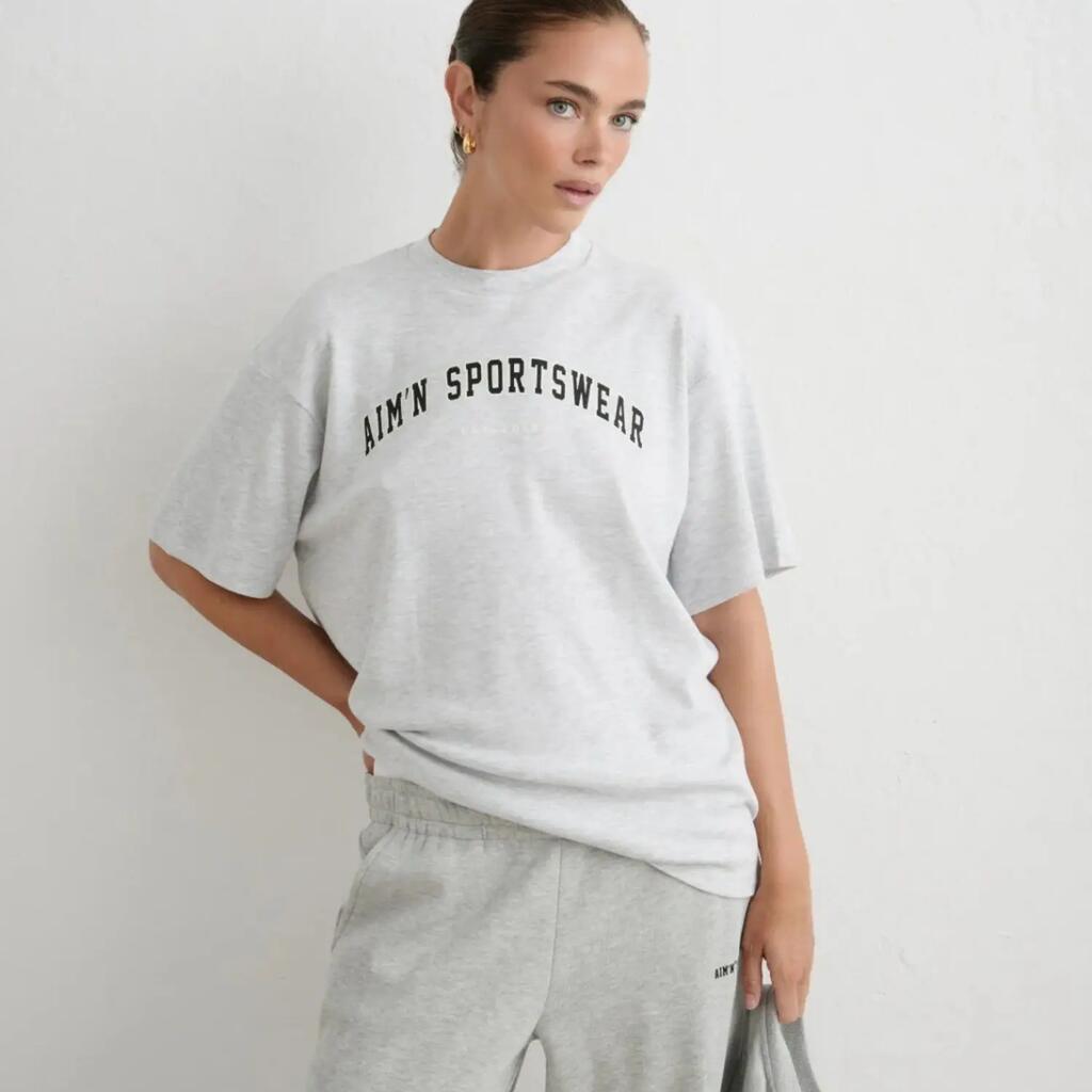 Women's T-shirt Oversized Varsity Boyfriend Light Grey Melange