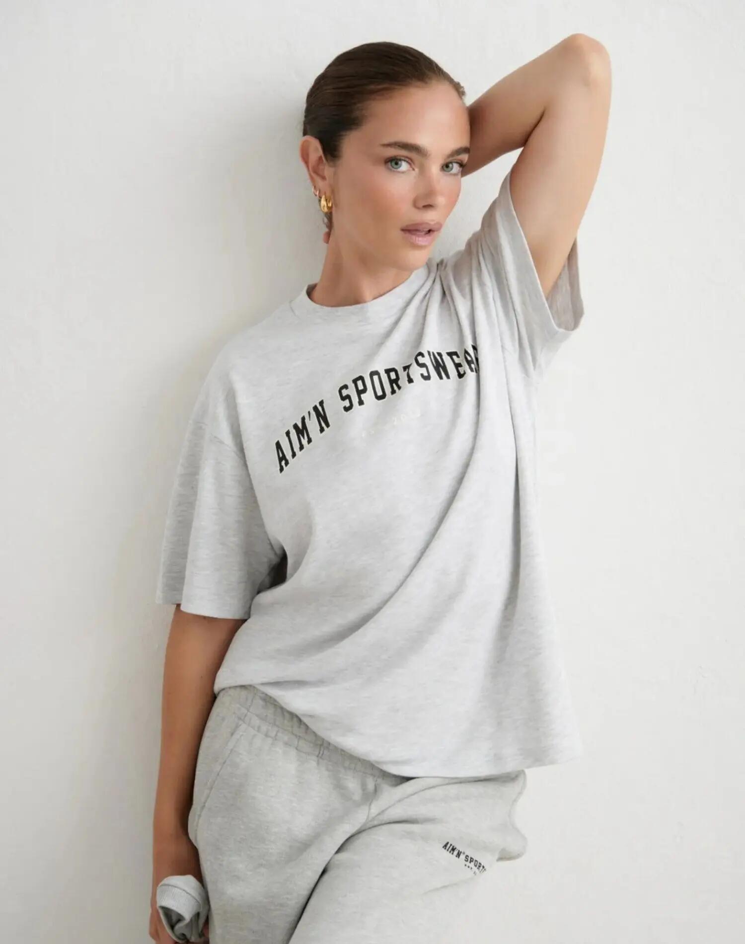 Damen T-Shirt Weit Collegestil Herrenschnitt Hellgrau Meliert 4/4