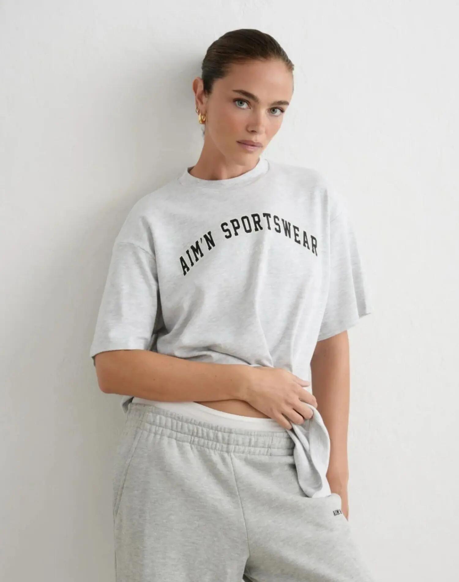 Damen T-Shirt Weit Collegestil Herrenschnitt Hellgrau Meliert 3/4