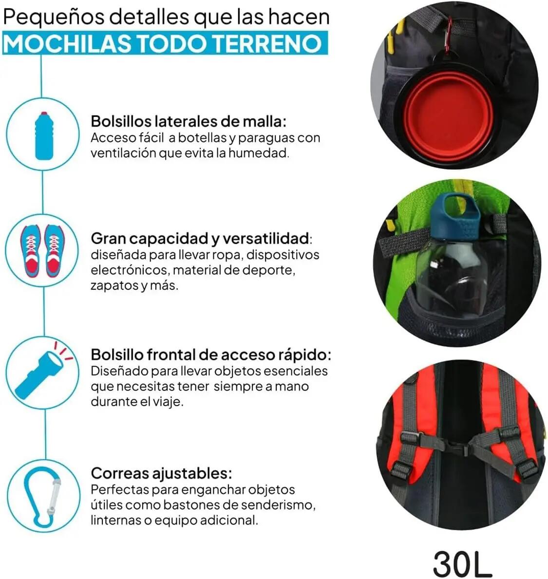 Mochila Impermeable 30 L Verde con Múltiples Bolsillos 4/4