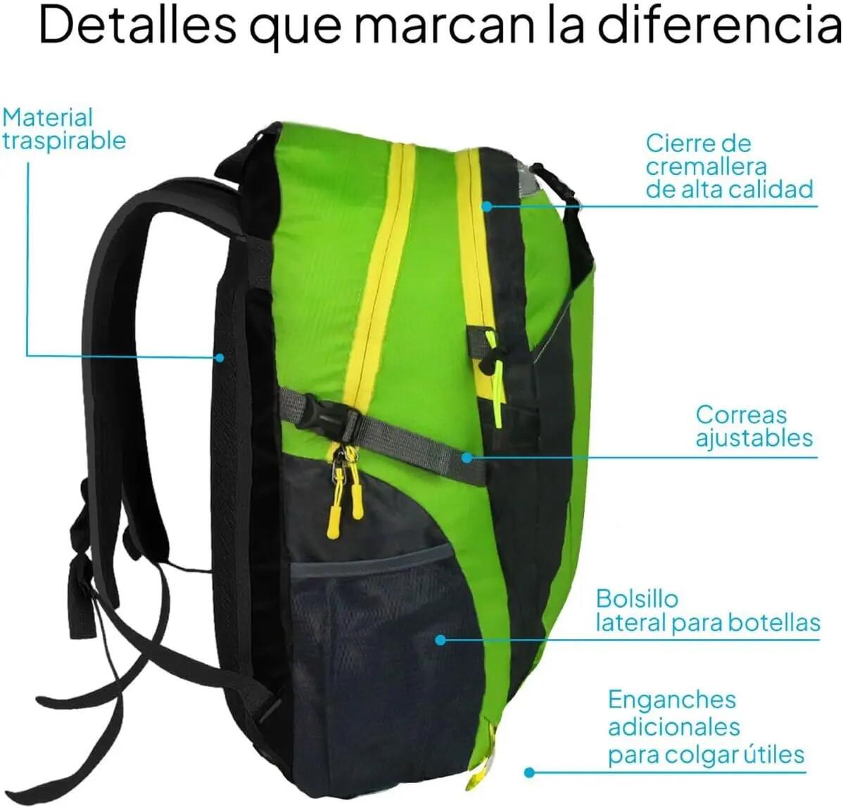 Mochila Impermeable 30 L Verde con Múltiples Bolsillos 3/4