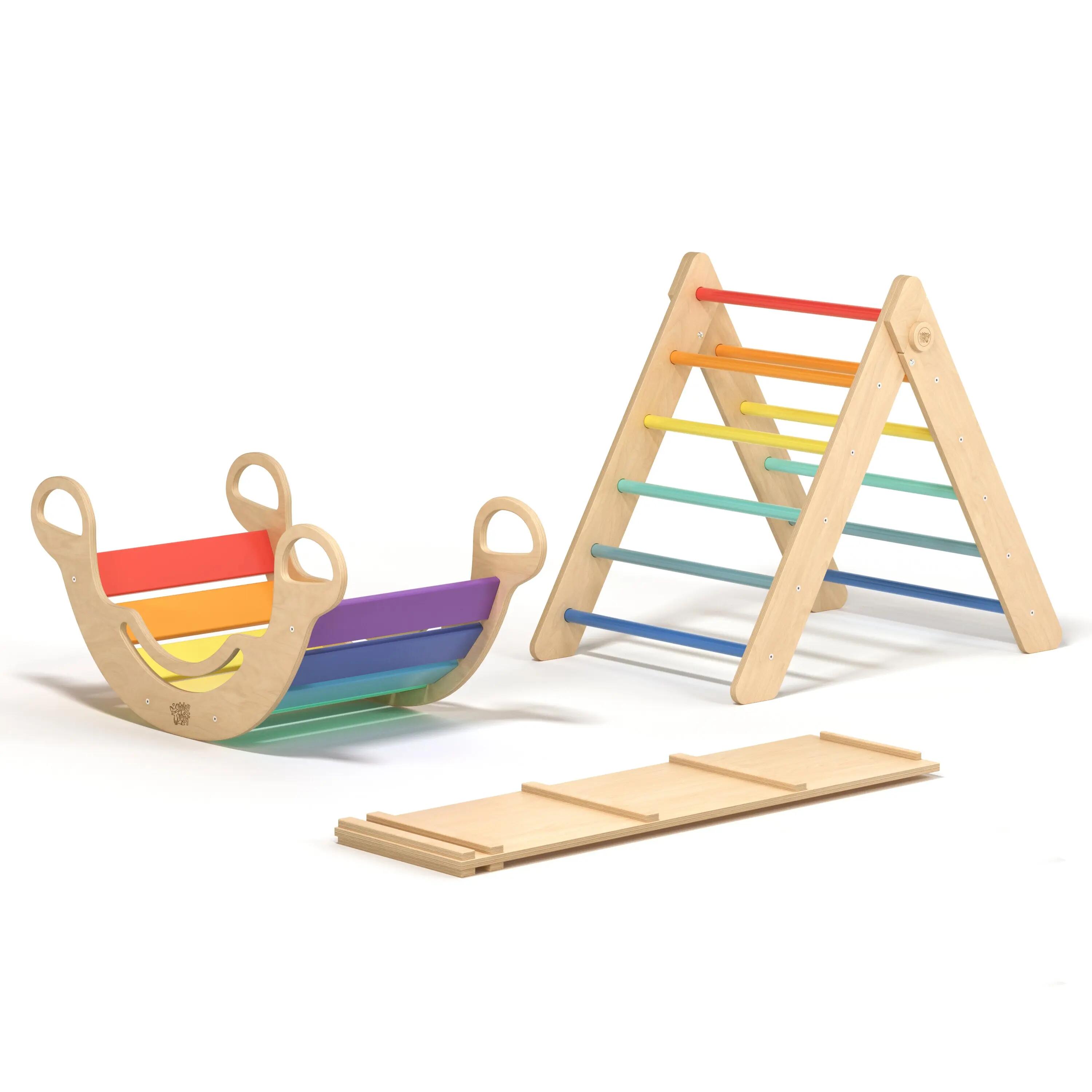 BUSY KIDS Montessori set: pestrý Piklerův trojúhelník, houpačka a oboustranná deska