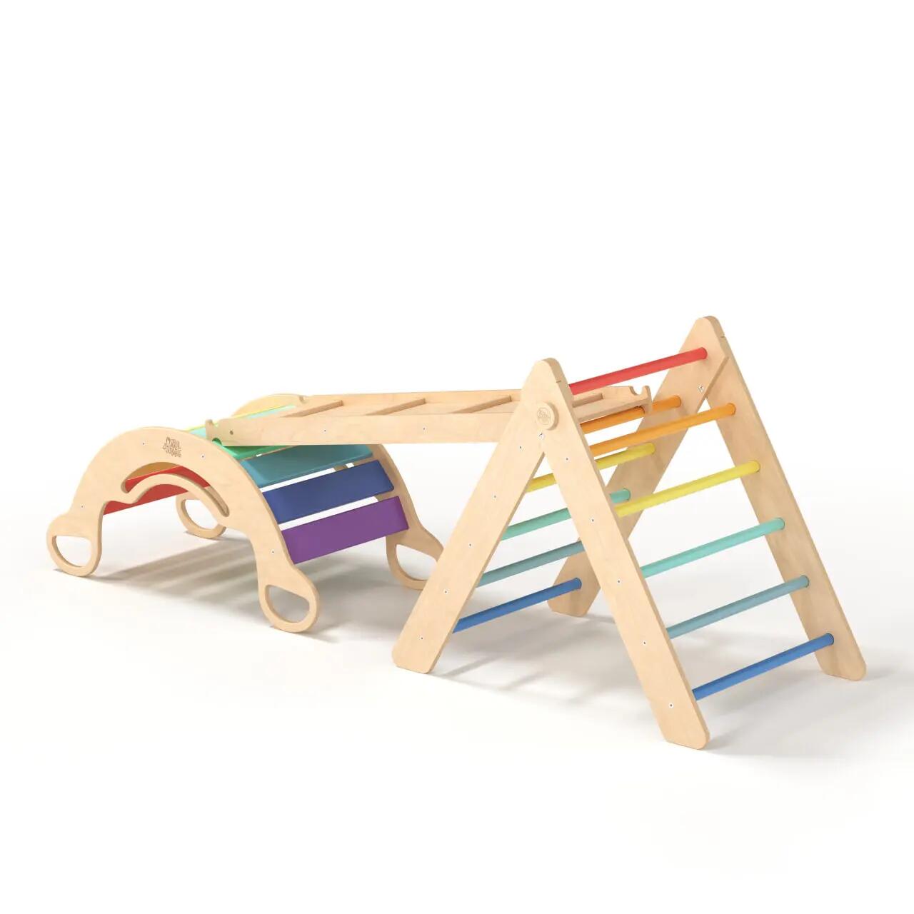 Montessori set: pestrý Piklerův trojúhelník, houpačka a oboustranná deska 3/9