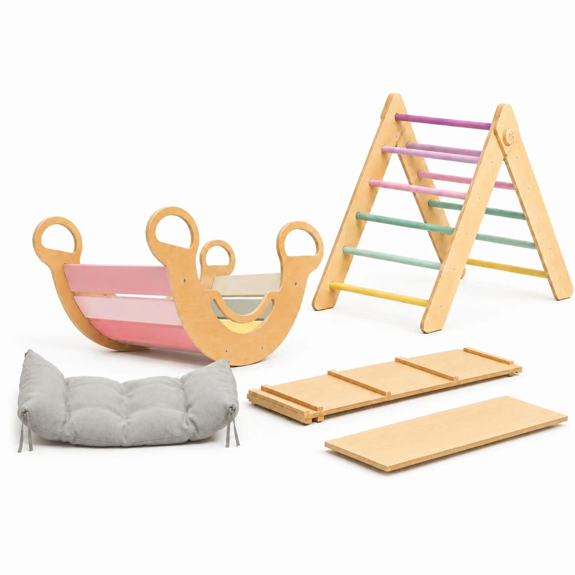 BUSY KIDS Velký Montessori set 5 v 1: pastelový Pikler i houpačka, 2 desky a polštář