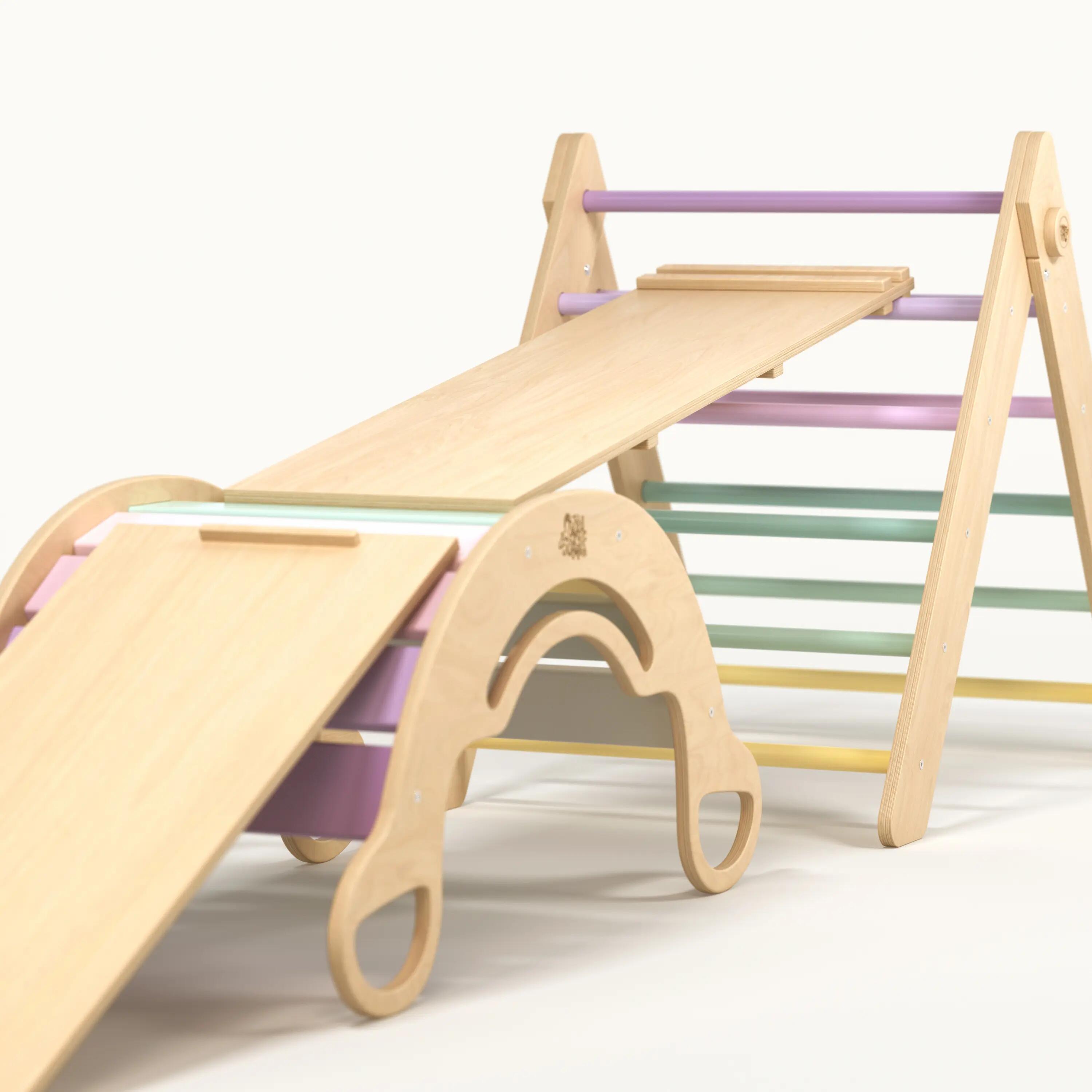 Velký Montessori set 5 v 1: pastelový Pikler i houpačka, 2 desky a polštář 3/9