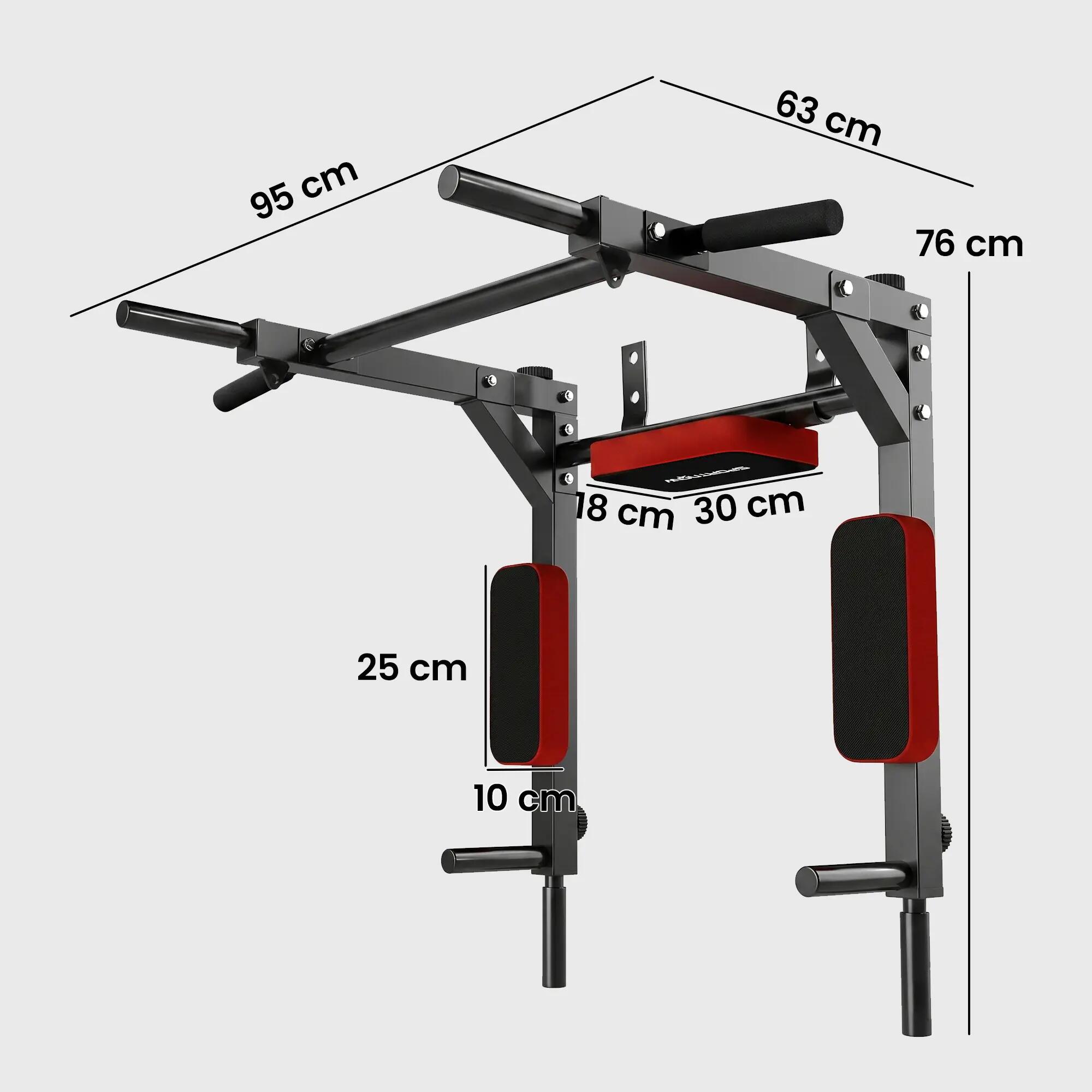 Barre de traction murale dip station 2 en 1 rouge noir 3/5